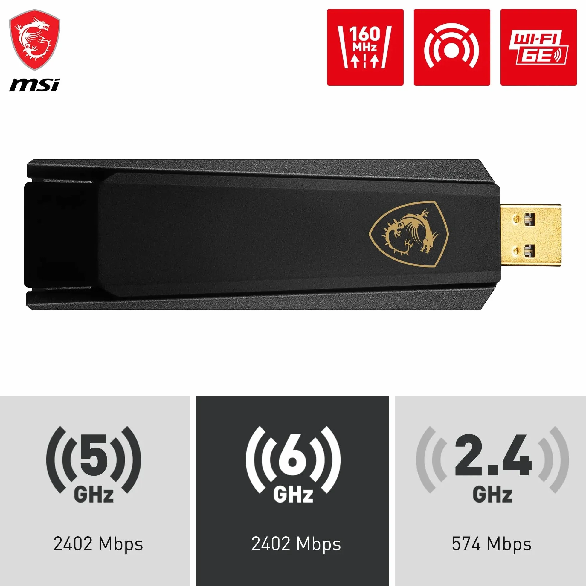 MSI AXE5400 trójpasmowy adapter USB WiFi 6E – WLAN do 5400 Mb/s (6 GHz, 5 GHz, 2,4 GHz bezprzewodowy), USB 3.2 Gen 1 typu A, MU-MIMO, regulowana antena, formowanie wiązki, WPA3 - przewodowy stojak na