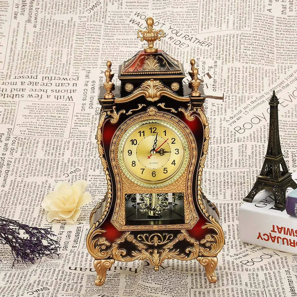 Tbest Pendule de Cheminée Antique Vintage Horloge de Table en Plastique Rouge Brunâtre