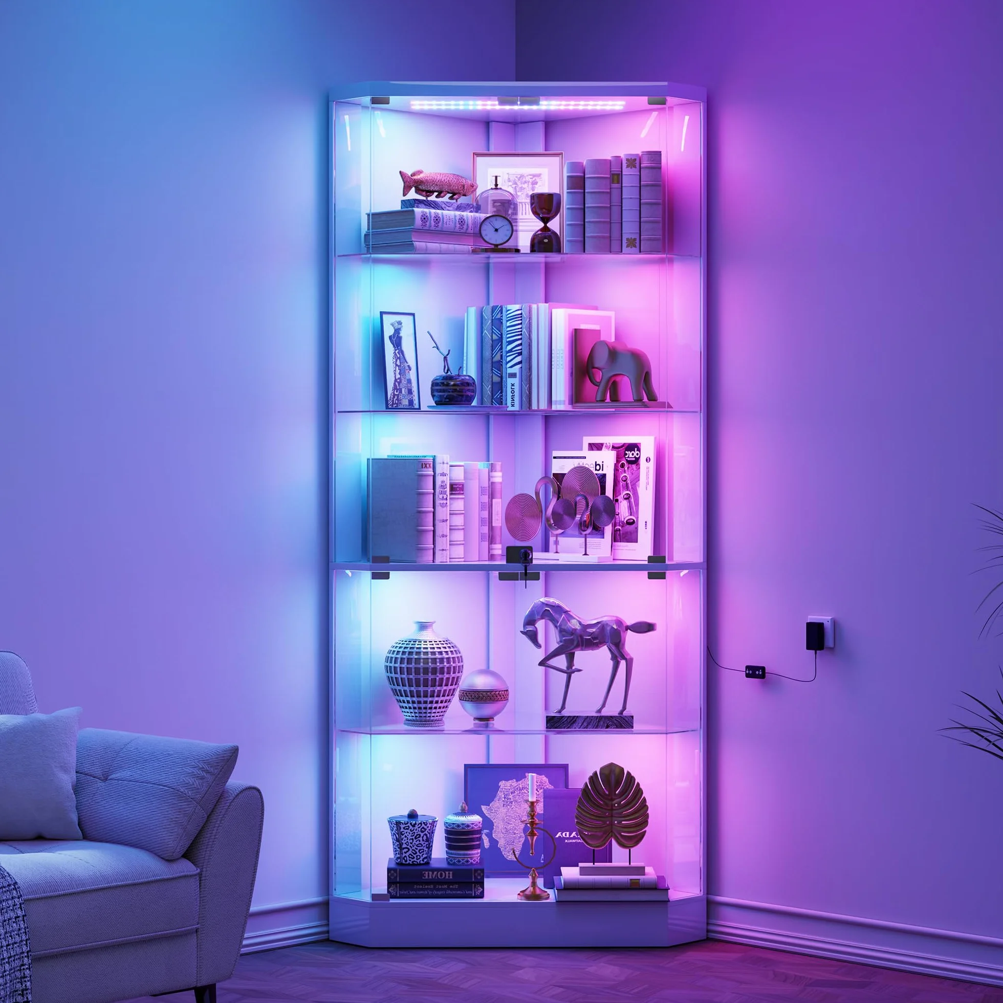 Lvifur Vitrine d'angle 5 Niveaux avec capteur Humain et Portes vitrées pour Chambre à Coucher, Bureau, vitrine 175 cm, vitrine en Verre avec éclairage LED pour vitrine de Collection et Salon, Blanc