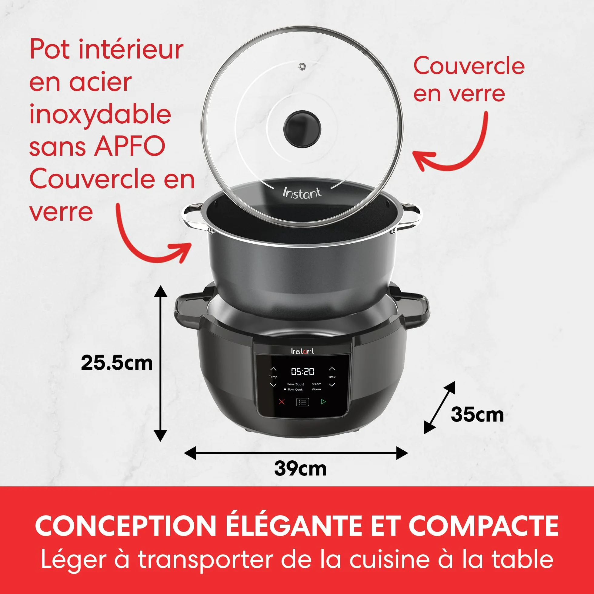Instant Pot - Mijoteuse supérieure, Système de cuisson multifonction 7,1L avec réglages de cuisson lente, sauté, vapeur et maintien au chaud, antiadhésive, pour les repas en famille et les réceptions