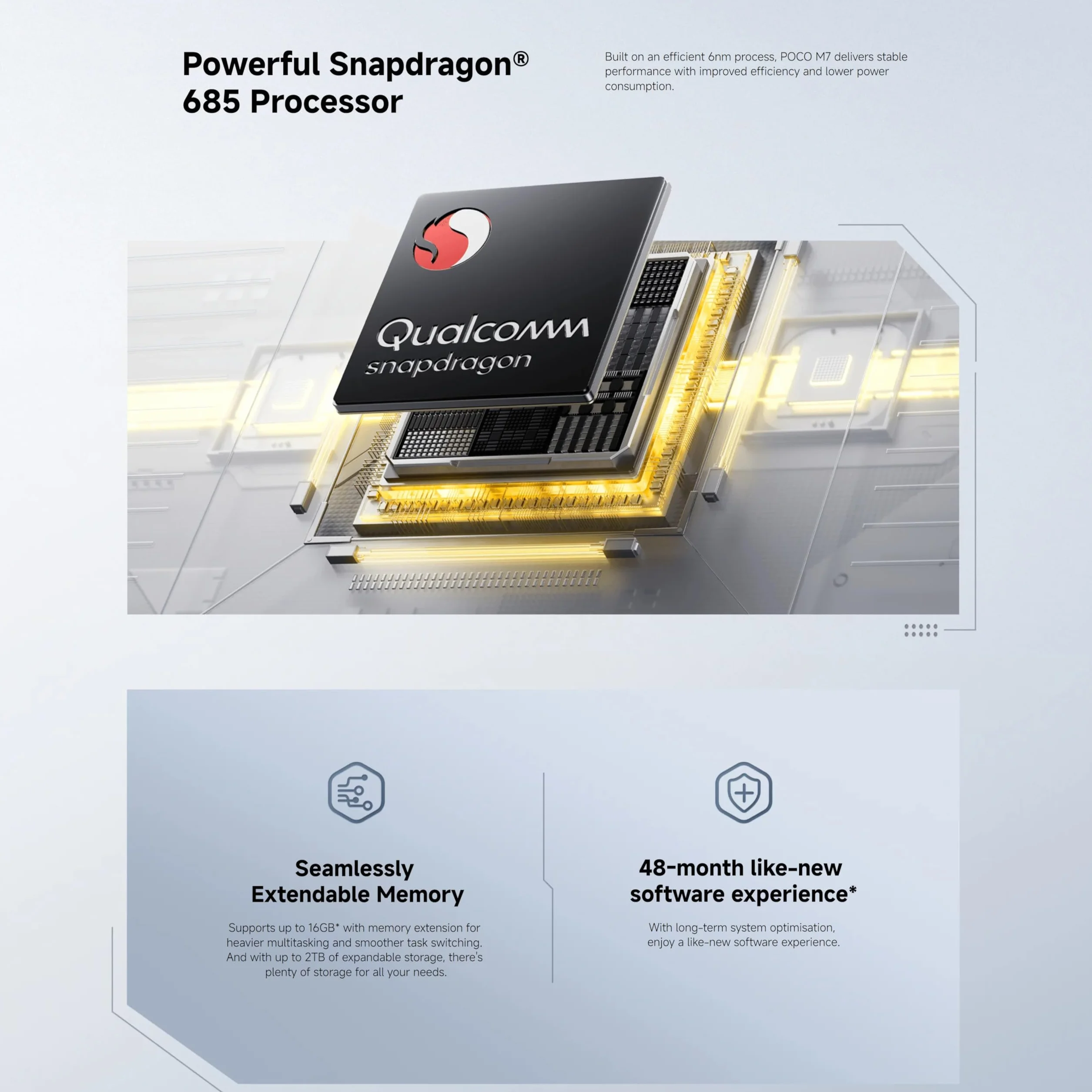 Xiaomi POCO M7, smartfon 6+128 GB, 6,9" FHD+ 144 Hz, Snapdragon 685, podwójny aparat 50 MP AI, 7000 mAh, czarny, ładowarka nie wchodzi w zakres dostawy