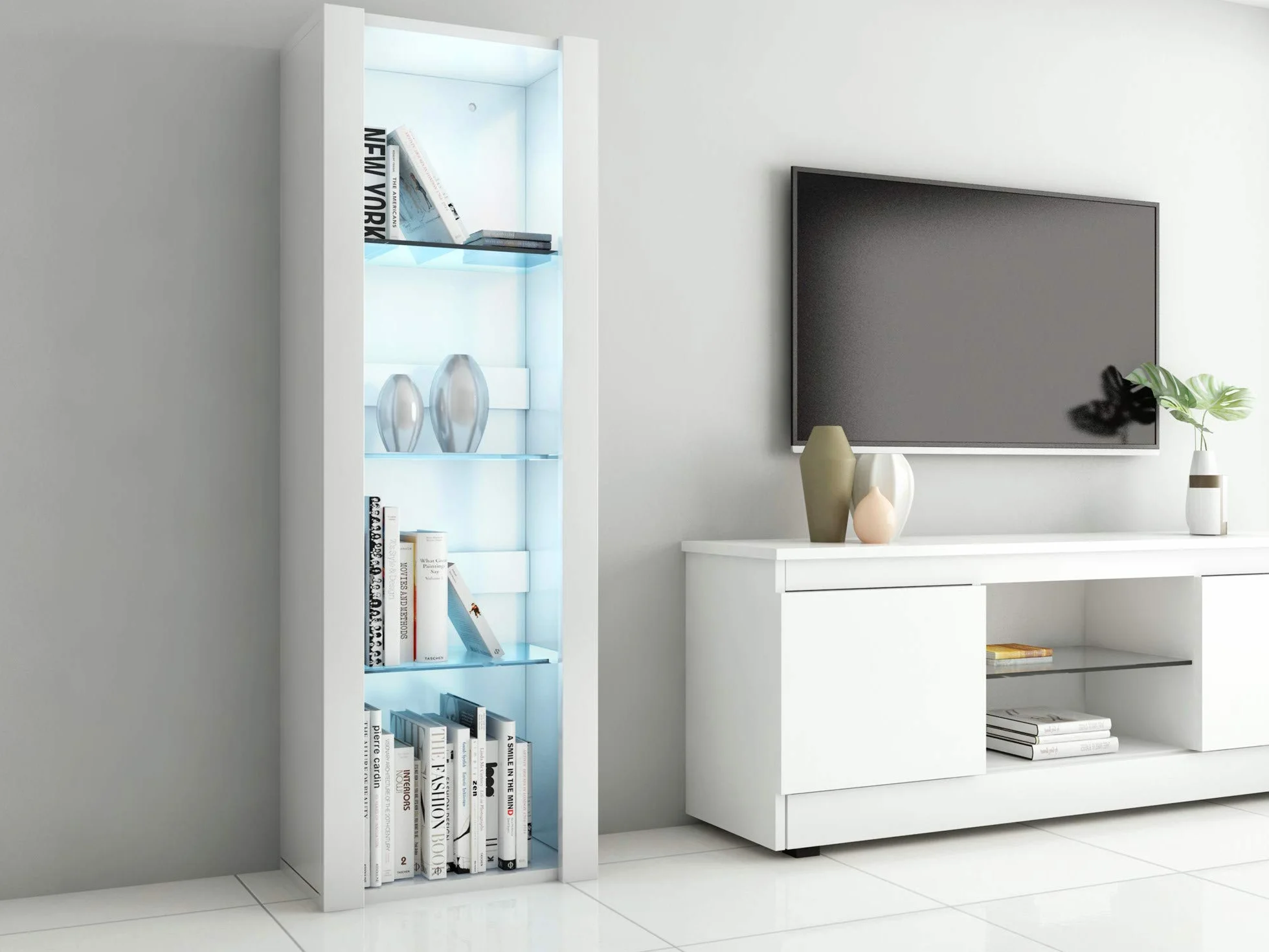 Panana Vitrine Lumières LED Meuble de Rangement avec Etagères sur Salon, Bureau, 55 x 35 x 166 cm (Blanc)