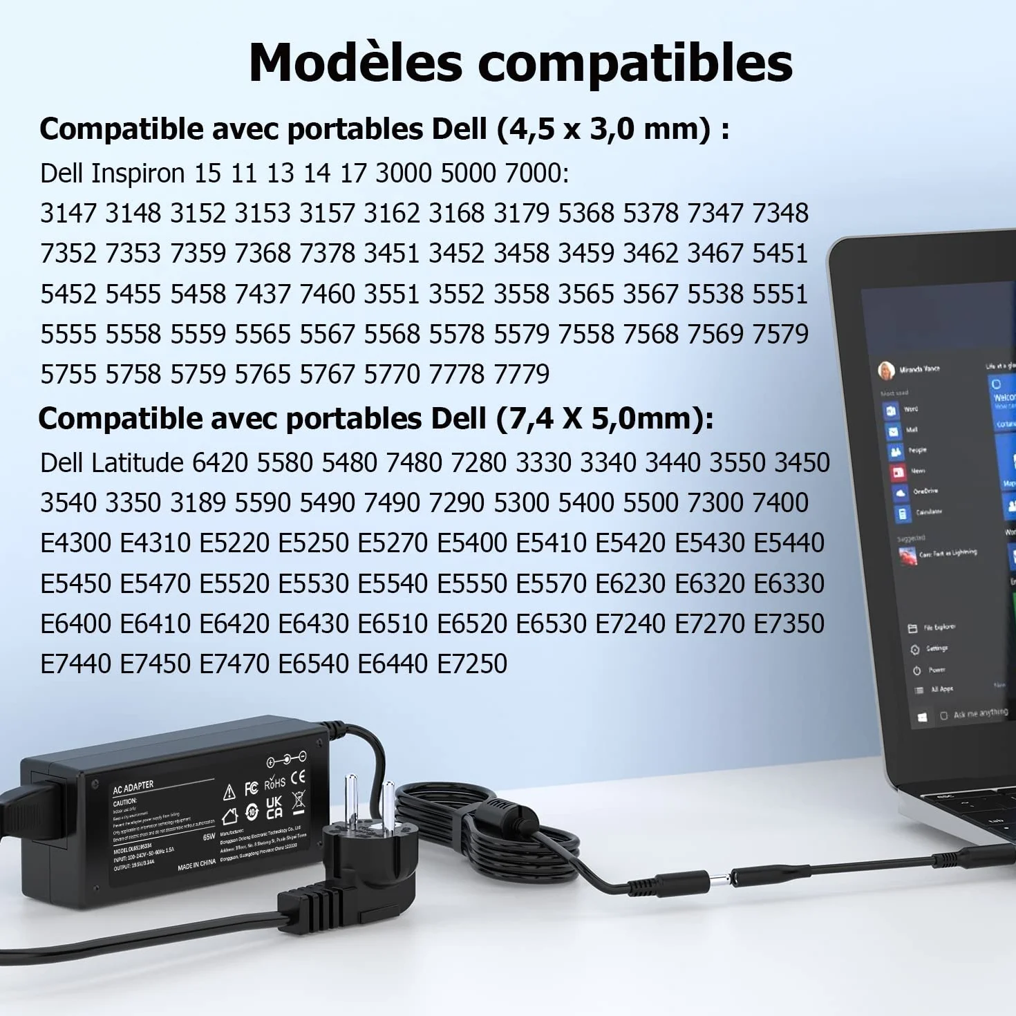 Chargeur Ordinateur Portable Dell 65W HA65NS5-00 19,5V 3,34A Adaptateur Inspiron Latitude Vostro