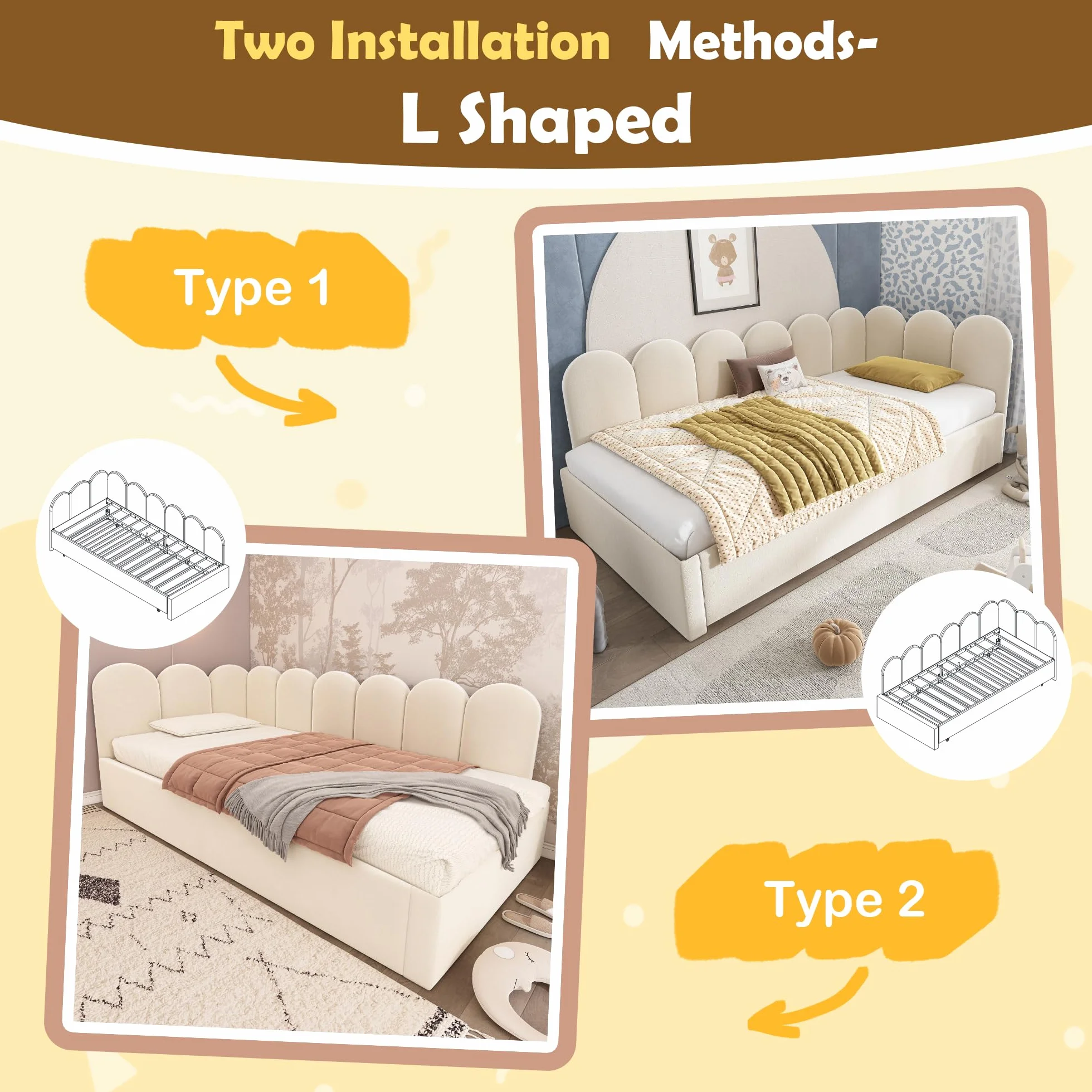Zepneiy Lit 90x200 avec lit gigogne 90x190, Canapé lit avec parois latérales interchangeables, avec sommier à Lattes,Velours Beige (sans Matelas)