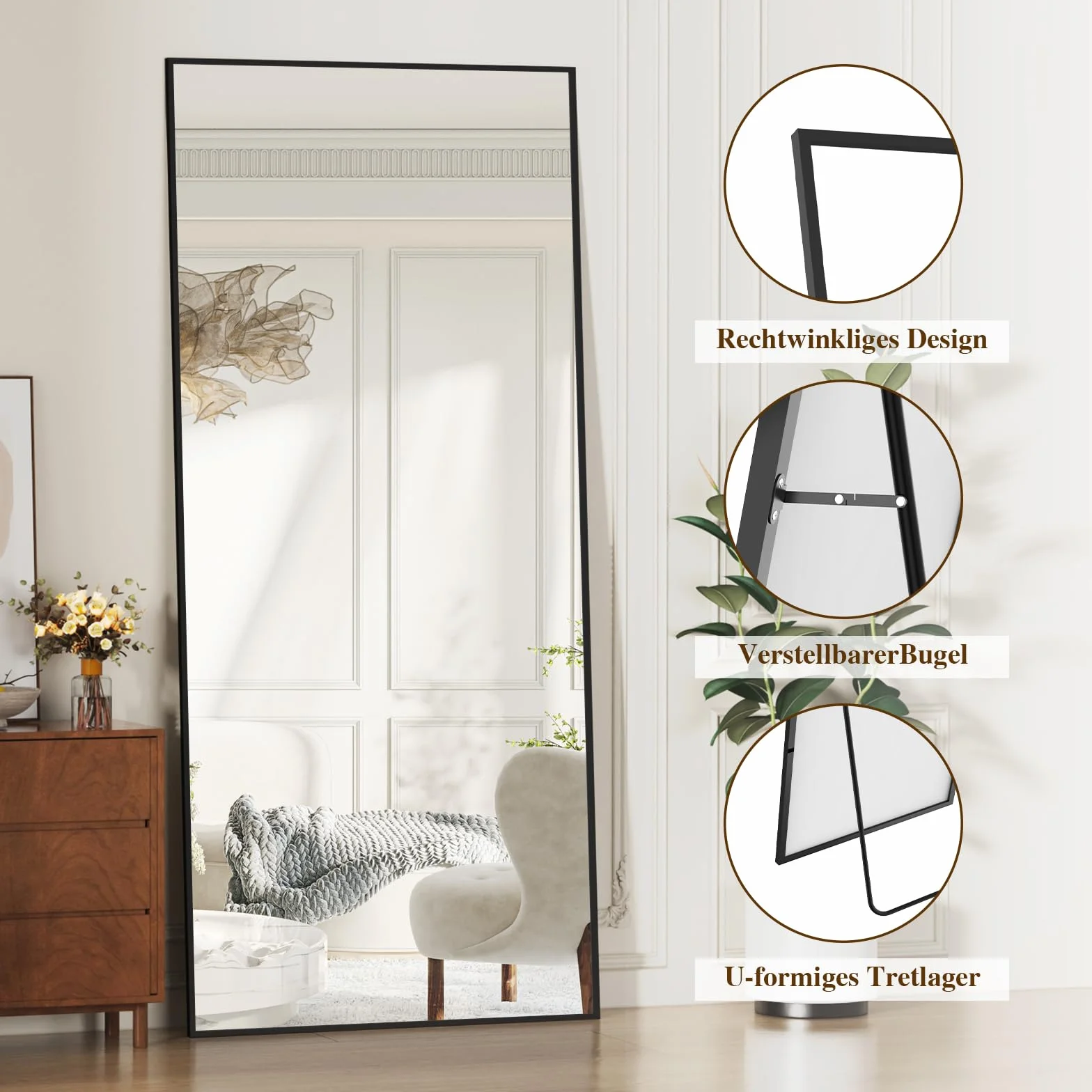 Miroir sur Pied 171x76 cm, Grand Miroir Intégral, Cadre en Alliage d'Aluminium, Verre Trempé