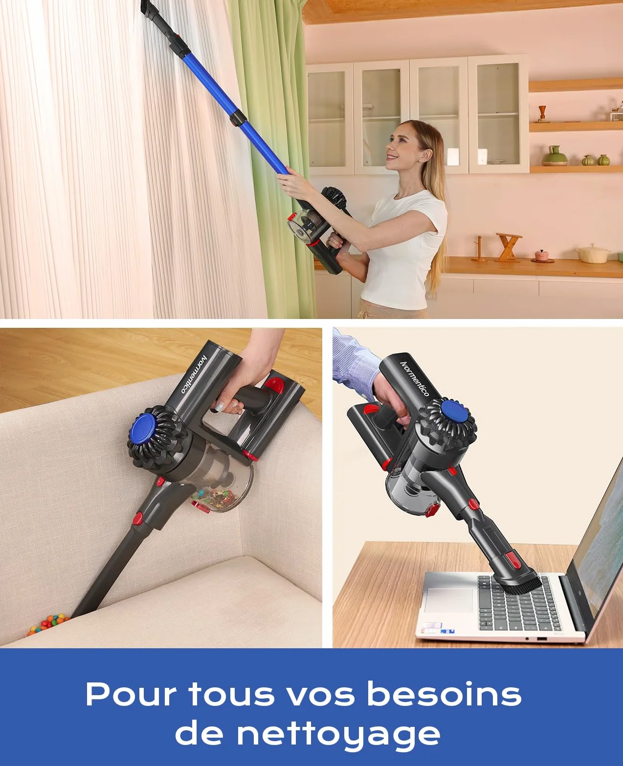 Aspirateur Balai sans Fil, 50Mins/40KPA/450W Aspirateur sans Fil, Aspirateur Balai avec LED Verte, Aspirateur avec Brosse à Plancher Améliorée, pour Tapis, Sols Durs, Poils d'animaux, Bleu