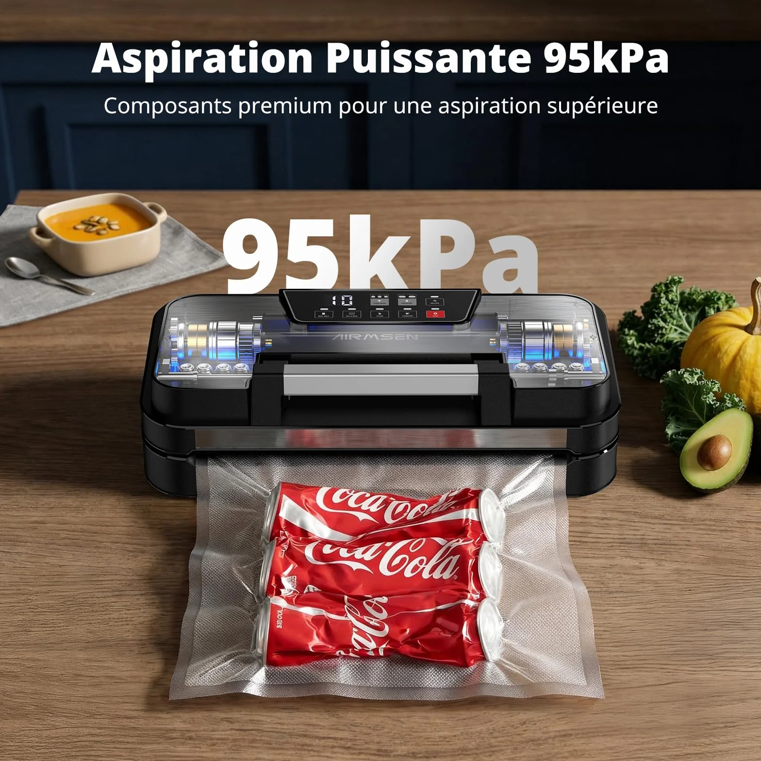 AIRMSEN 95 kPa Machine sous vide avec fonction gonflage, modes Sec/Humide, double scellage 30 cm, coupe-sac intégré, rouleau & bac amovible – conserve les aliments jusqu’à 8× plus longtemps