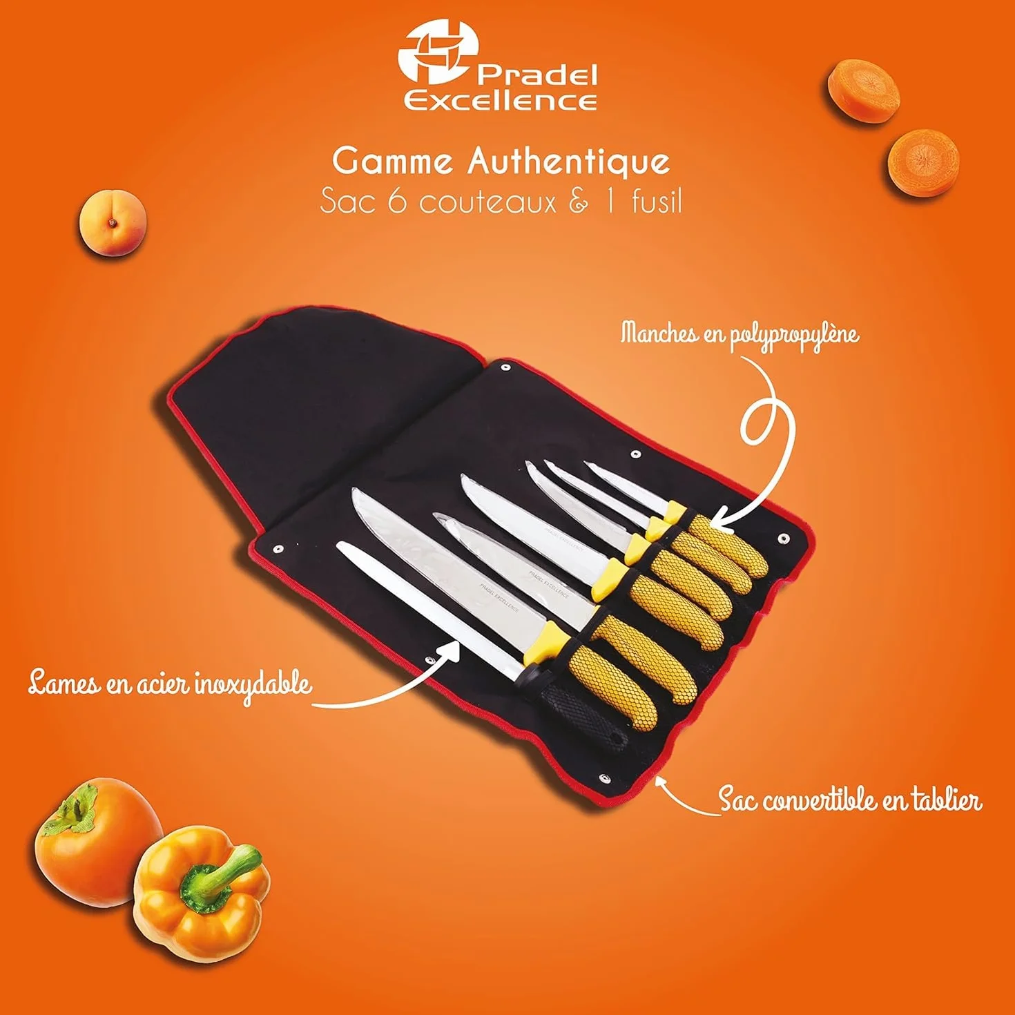 Pradel Excellence Sac Couteaux de Boucher 7 Pièces - 6 Couteaux + 1 Fusil d’Affûtage - Lames Inox Compatibles Lave-Vaisselle