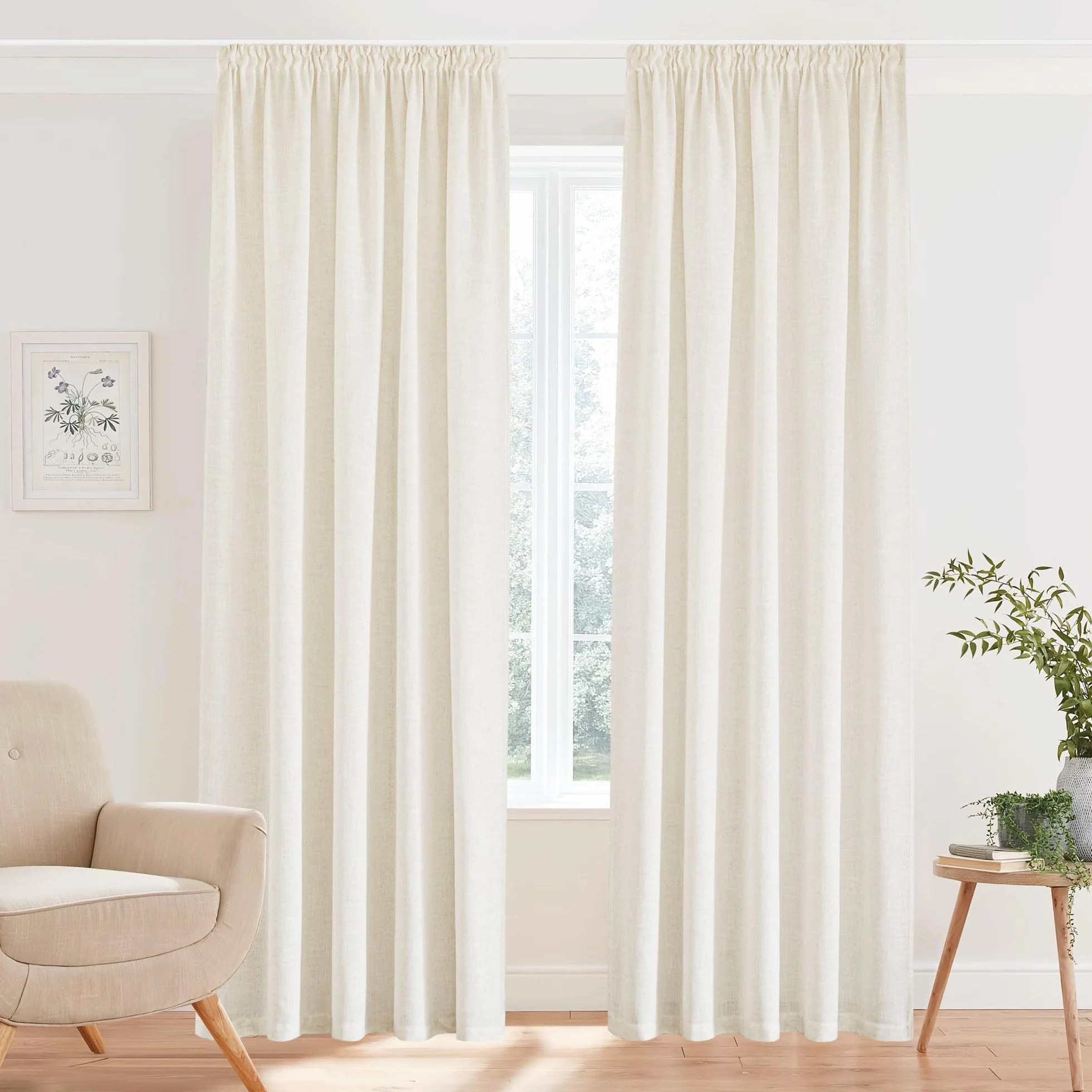 Rideaux Voilage Lin Naturel Demi Transparent 140x245 cm Beige Clair 2 Pièces