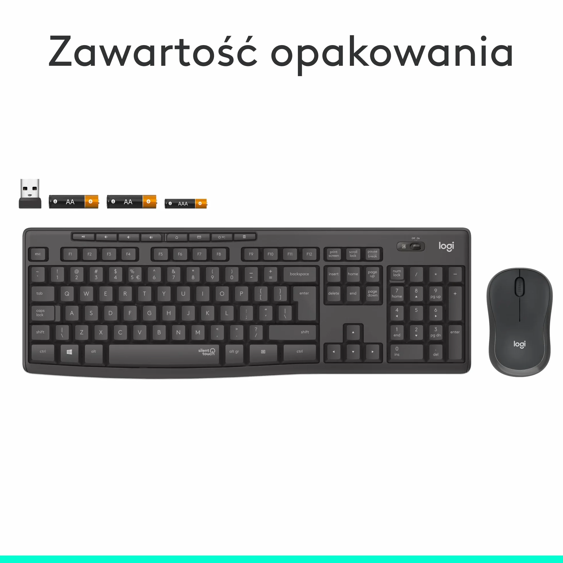 Logitech MK295 Silent, zestaw myszy i klawiatury z technologią SilentTouch, pełną klawiaturą num., zaaw. czujnikiem opt., łącznością bezprzew. bez opóźnień, 90% cichszą pracą, QWERTY US Intl - Szary