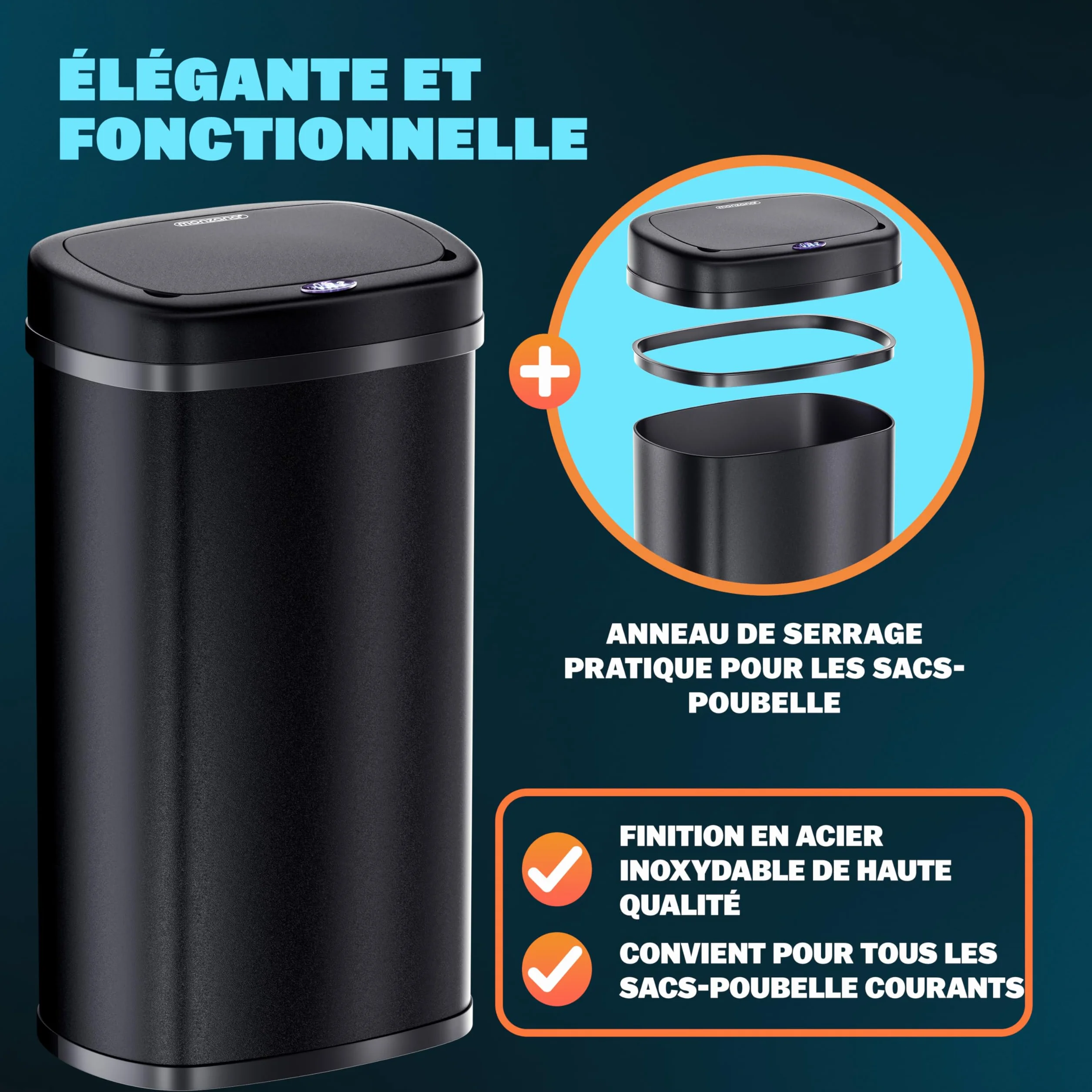 Monzana Poubelle automatique 50L acier inoxydable capteur mouvement noir