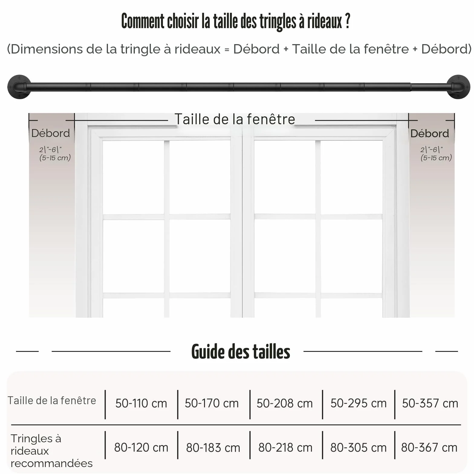 Tringle à Rideaux Industrielle 80-305cm Extensible Diamètre 25 mm Montage au Plafond Noir