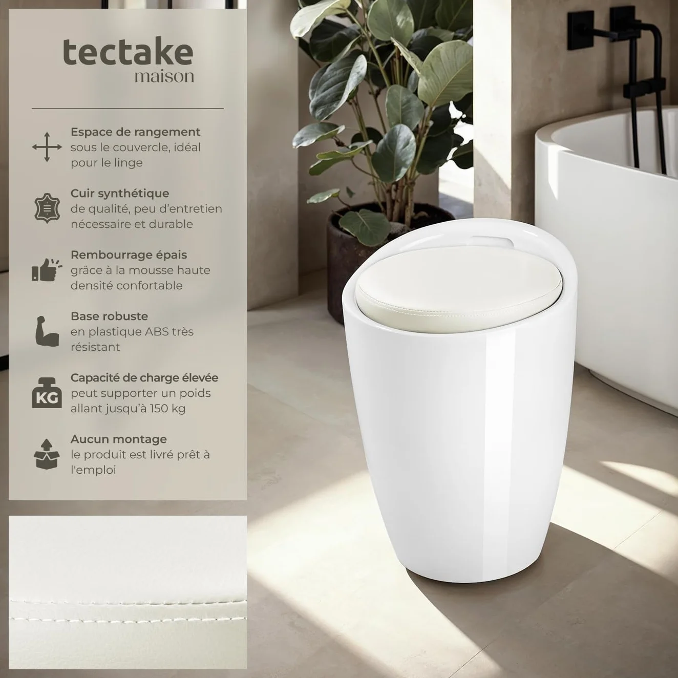 tectake® Tabouret Salle de Bain Panier à Linge 2en1, Ø 36 x 51 cm, Capacité 18 L, Coussin d'assise 5 cm Amovible, Meuble Salle de Bain Coffre Rangement Tabouret Coffre Rangement Bac a Linge, Blanc