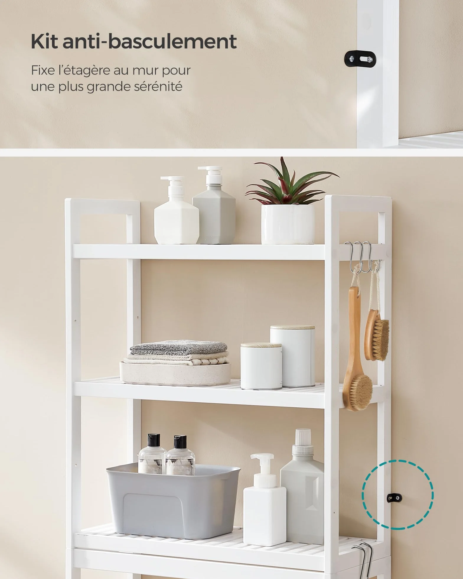 SONGMICS Étagère WC, Rangement au-Dessus des Toilettes, 3 Niveaux, avec Étagère Réglable, Convient à la Plupart des Toilettes, Gain de Place, Montage Facile, Blanc Nuage BTS01WT