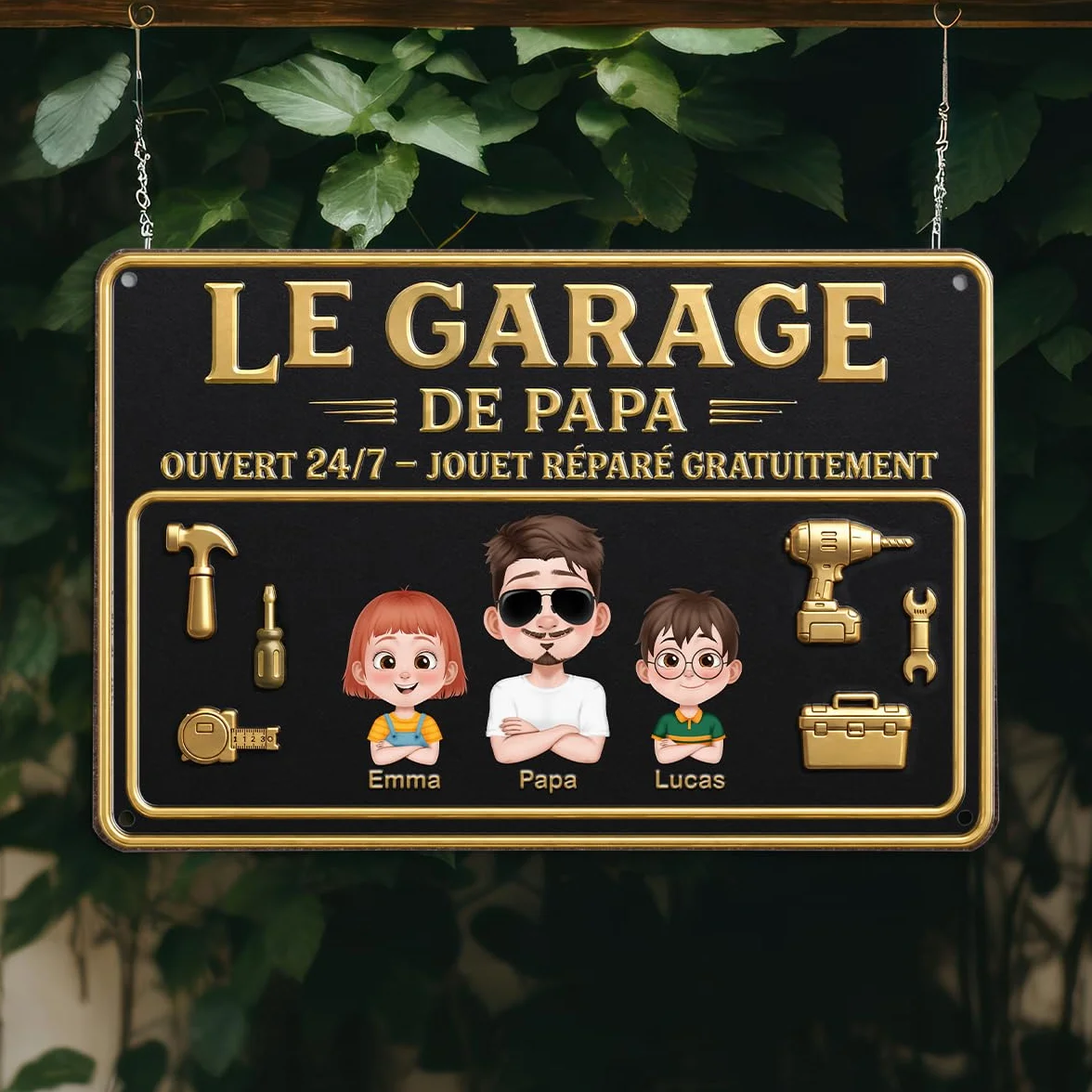 Plaque Métal Personnalisée Garage De Papa Papy - Cadeau Fête des Pères (2 Enfants)