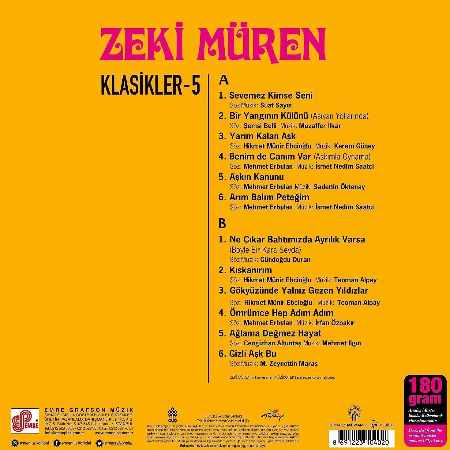 ZEKİ MÜREN KLASİKLER 5 - Plak LP (vinyle) (disque vinyle) 33'' Long Play