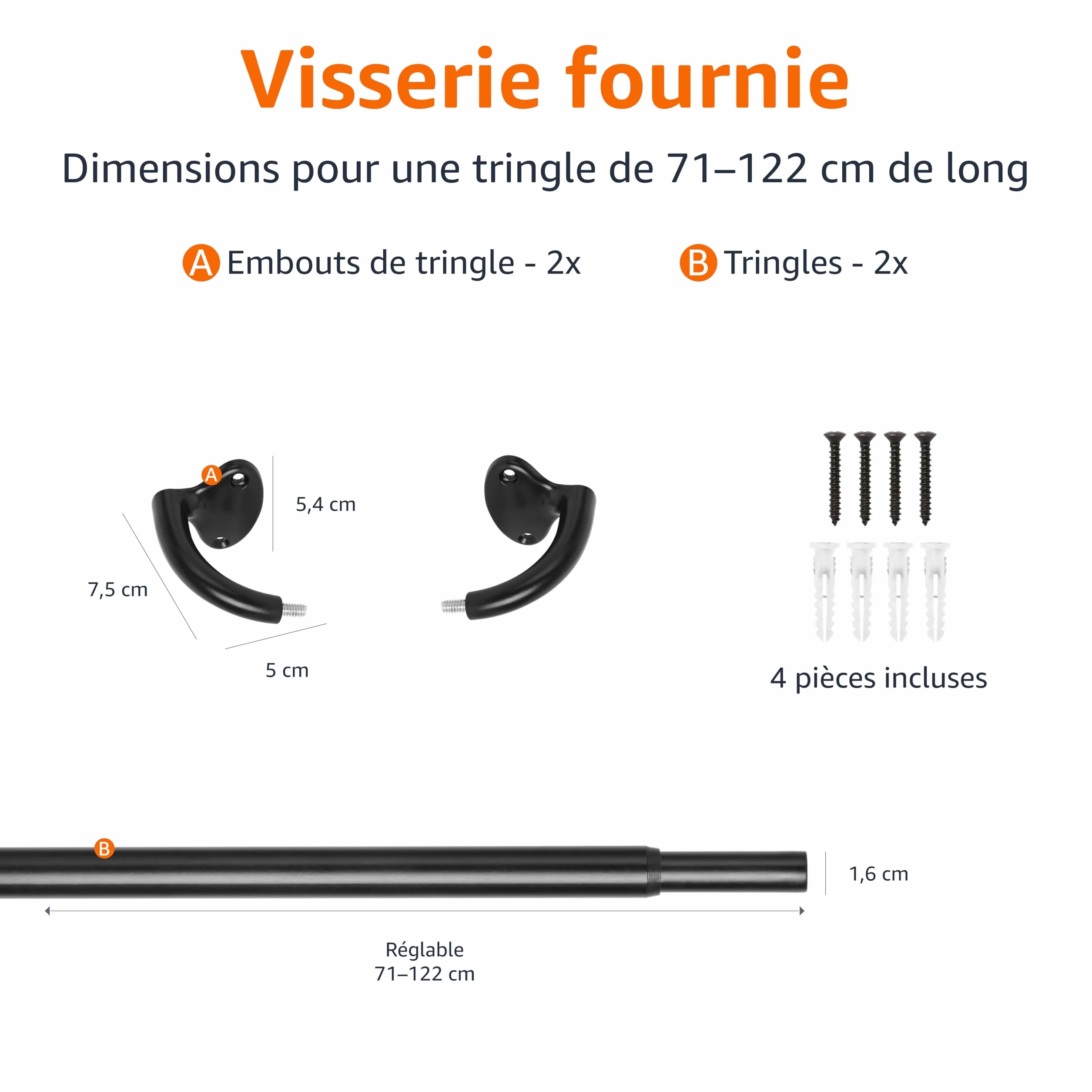 Amazon Basics Tringle à rideaux extensible d'intérieur 71-122 cm - Noir