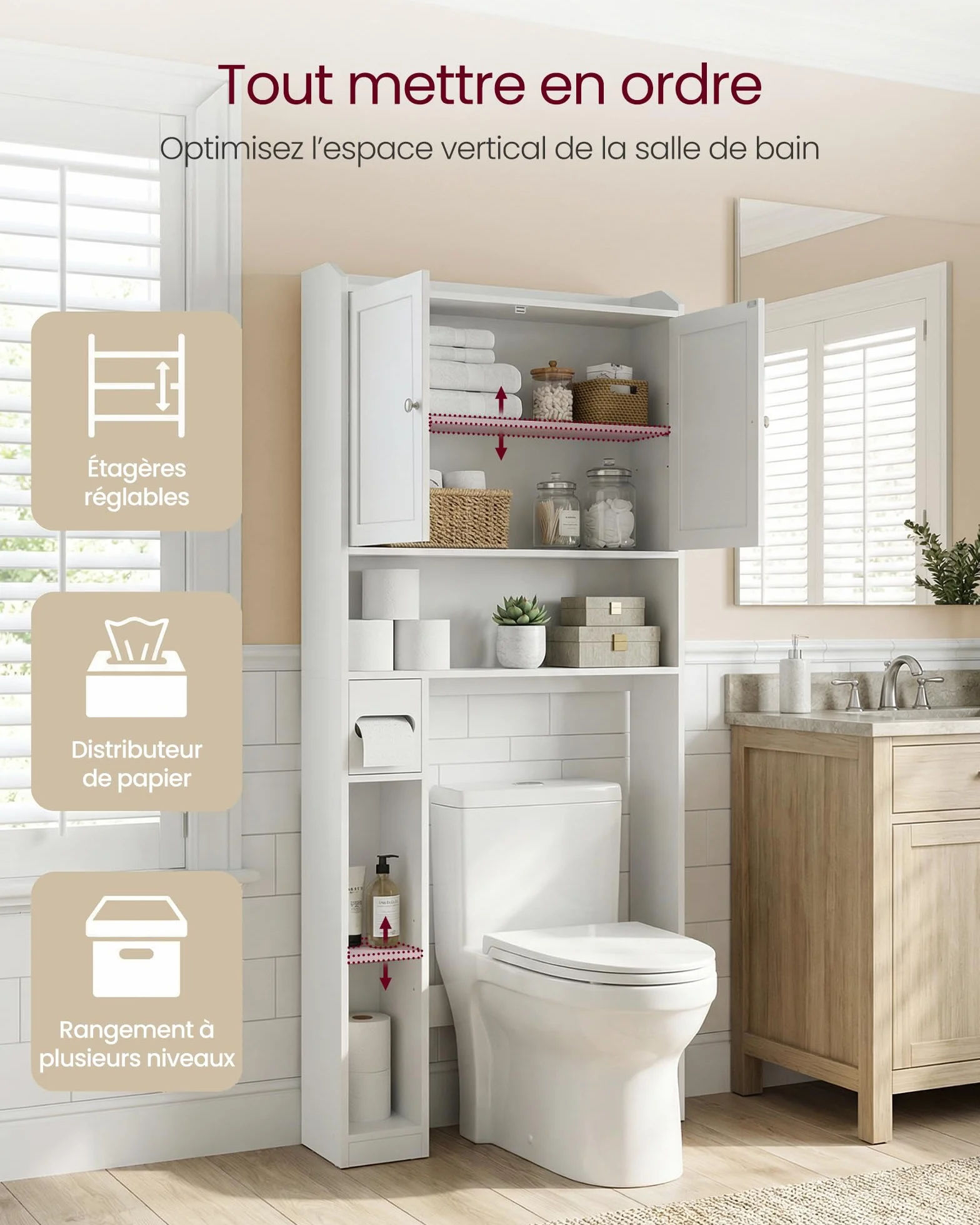 VASAGLE Meuble WC, Armoire pour Machine à Laver, Étagères Ajustables, Économie d’Espace, Adapté à la Plupart des Toilettes, Moderne, 20 x 79,1 x 170 cm, Blanc Nuage BTS018W01V1