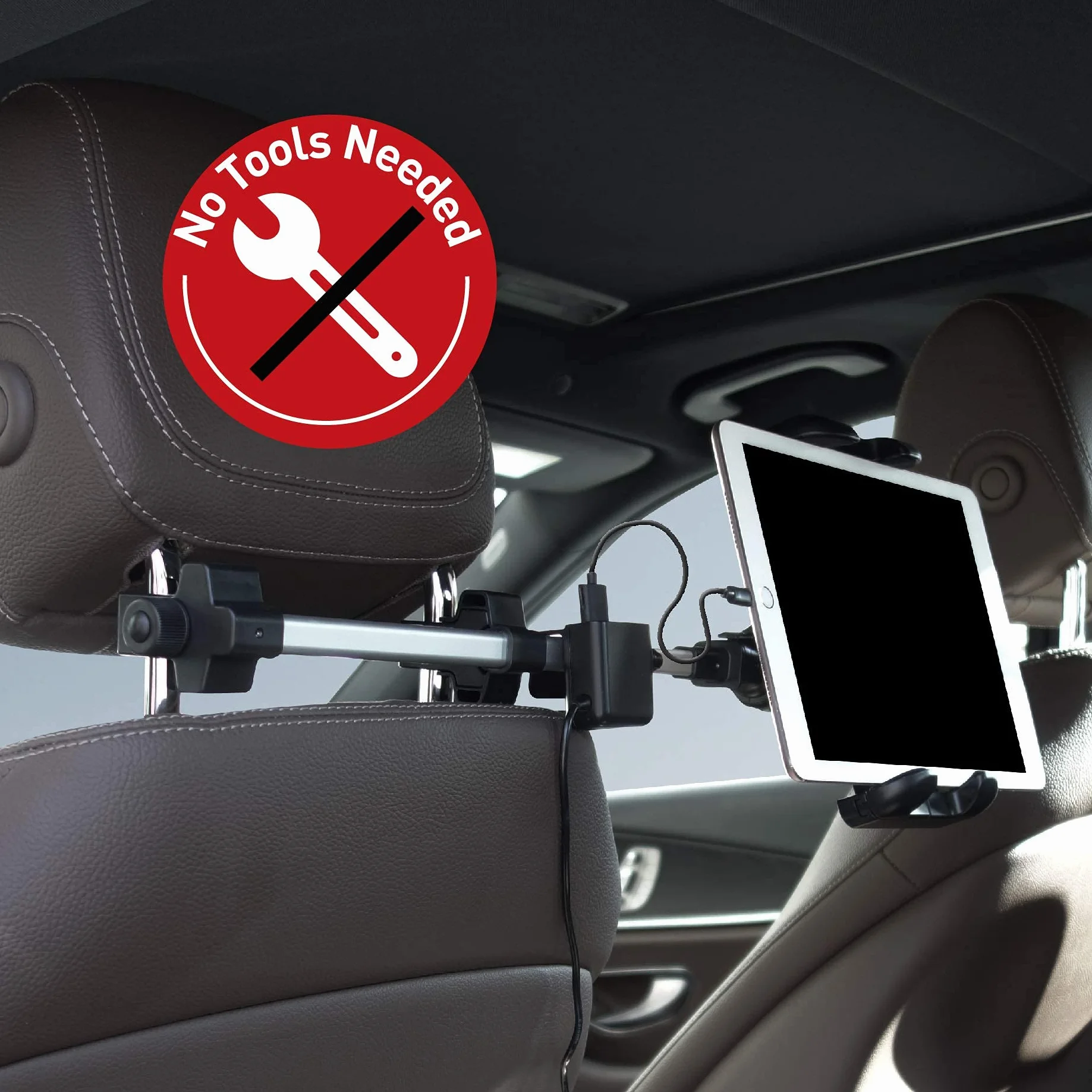 Macally HRMOUNTPRO4UAC, podwójny tryb montażu na zagłówek tabletu z ładowarką USB do siedzenia samochodowego z przodu i z tyłu, do iPada i innych tabletów, Nintendo Switch itp