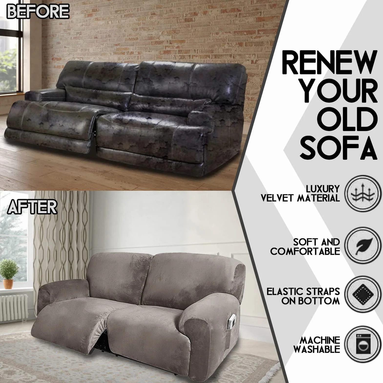 Housses de Chaise inclinables Velours Extensible 190-254 cm 2 Places 6 pièces Amovibles Taupe