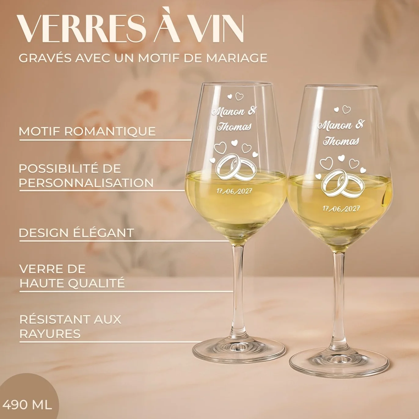 Maverton Cadeau Mariage Personnalisé - 2 Verres à Vin 490 ml avec Gravure pour Elle et Lui et Coffret en Bois - Cadeau Personnalisé pour Couples - Noel - Verre Couple Jeunes Mariés