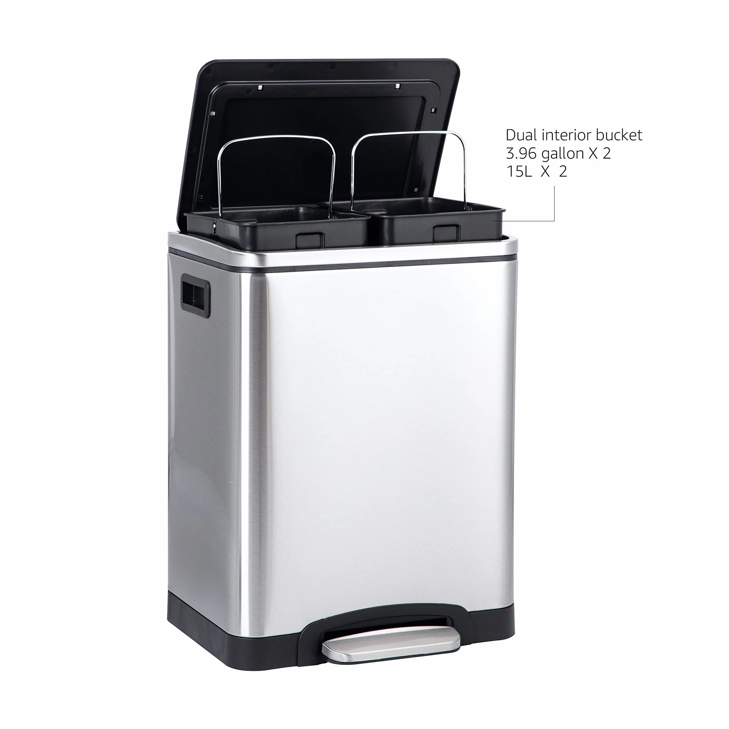 Amazon Basics Poubelle 30 L acier inoxydable avec deux compartiments et pédale, fermeture amortie, rectangulaire satinée