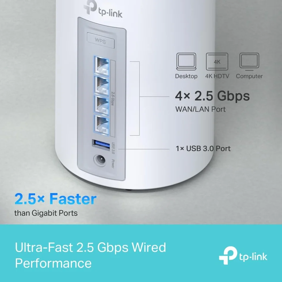 TP-Link Deco BE65 Wi-Fi 7 Mesh WLAN Set(3 szt.), Tri-Band, 6G, 320 MHz Channel, MLO, Sieć gościnna, 4x porty 2,5 G, 1x USB 3.0, WPA3, OFDMA, MU-MIMO, AI-Driven Mesh, HomeShield, Biały