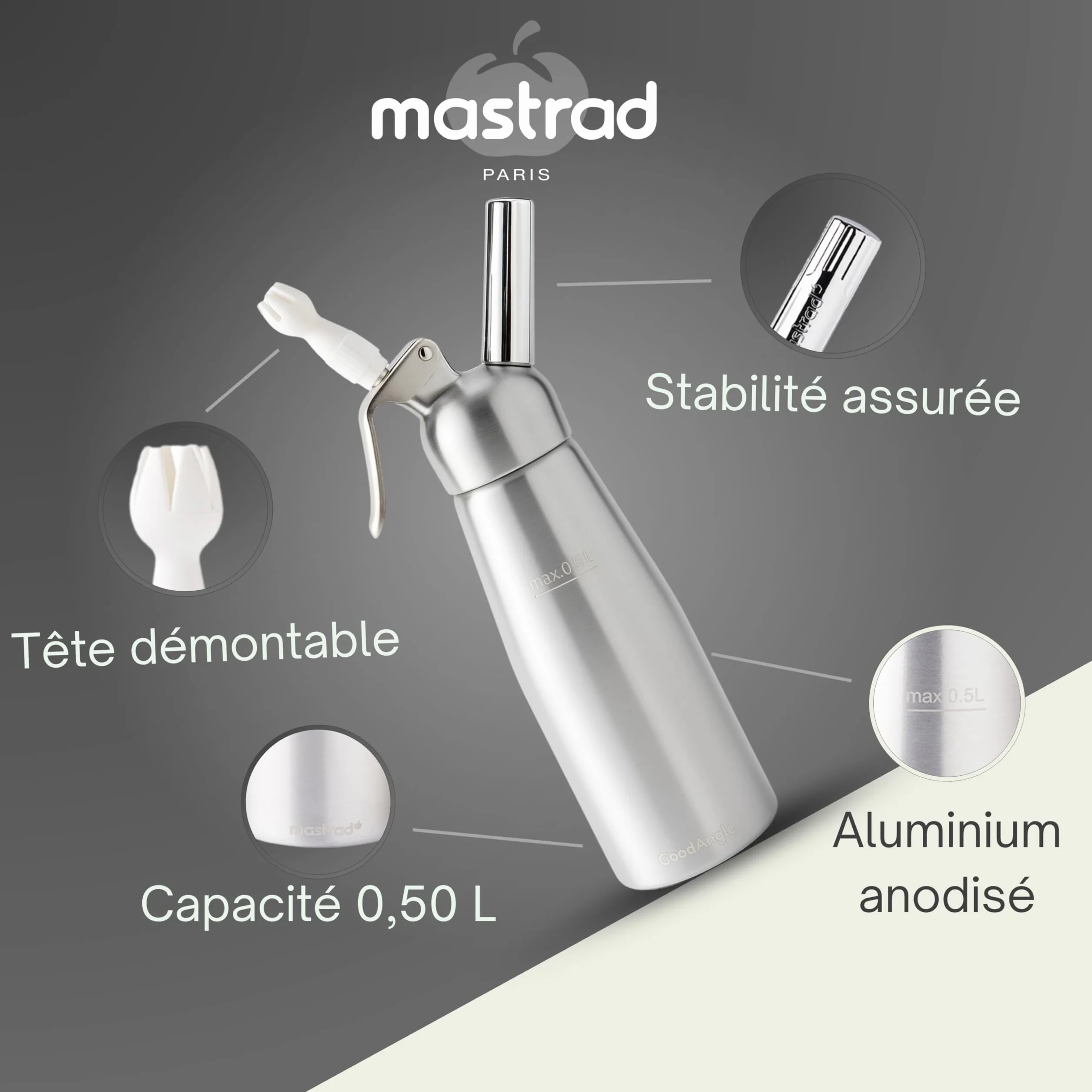 MASTRAD Siphon 0,5L en Aluminium Anodisé Piston Inox Démontable 3 Douilles Décoratives Brosse de Nettoyage