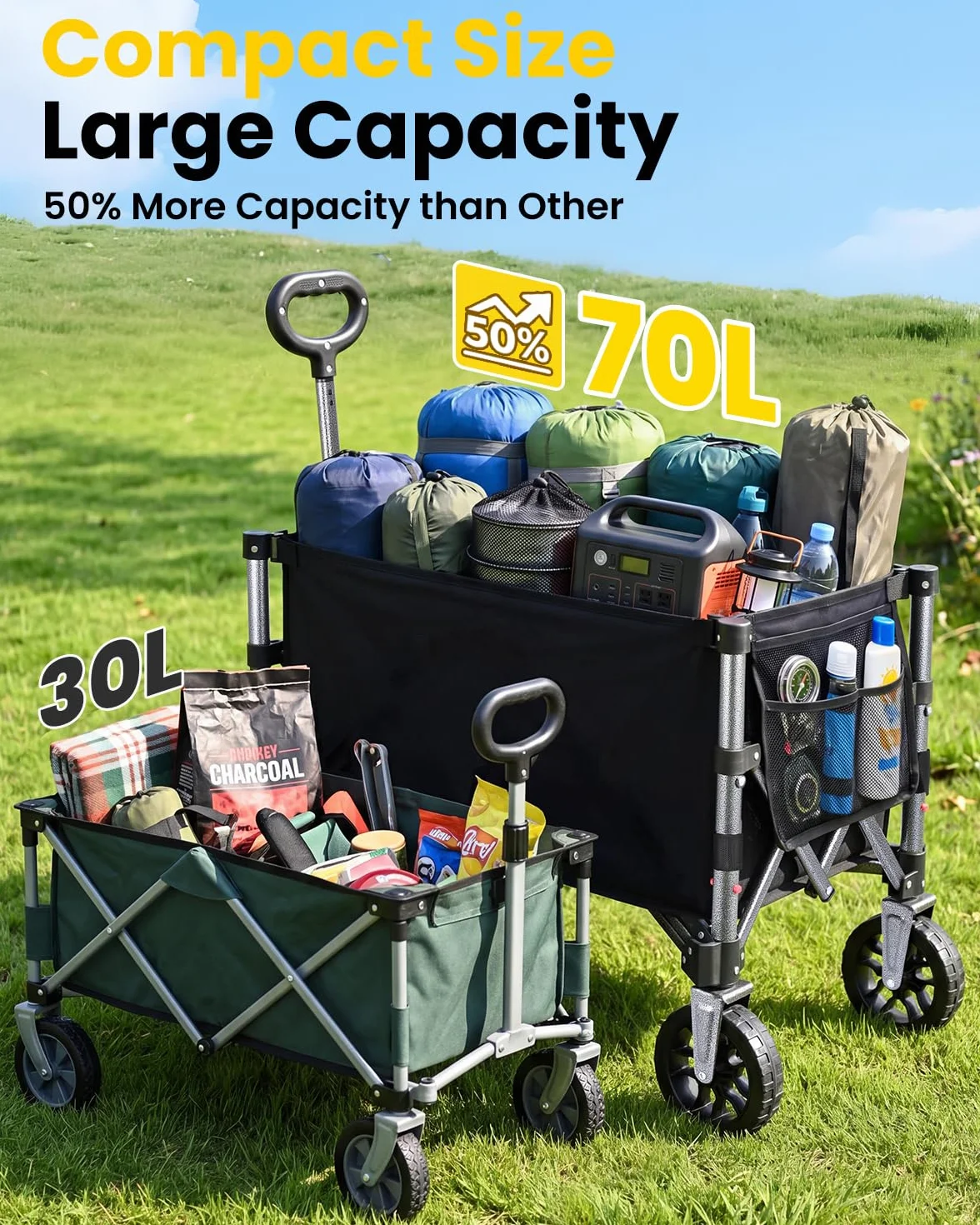 Chariot de Courses Pliable 70L 80kg Yeaupe Pro avec Fermeture Éclair et Poignée Réglable