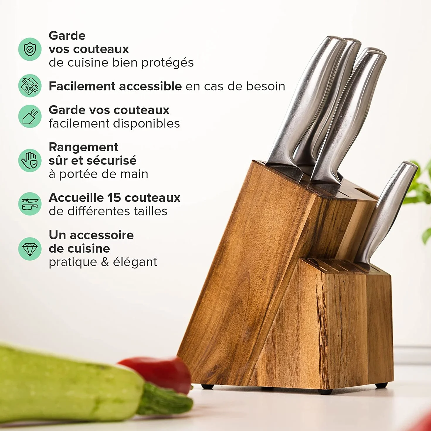 Coninx Bloc Couteaux de Cuisine en bois d'Acacia pour 15 Couteaux