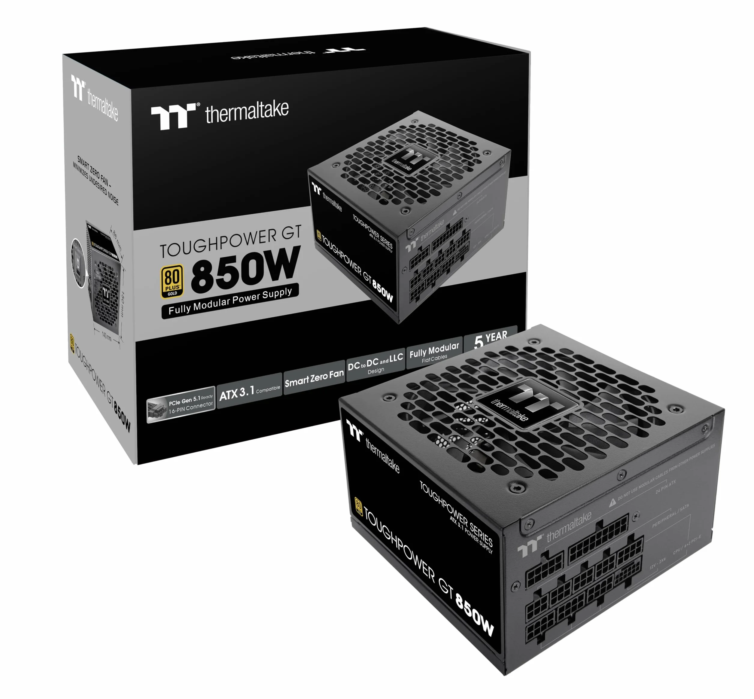Thermaltake Toughpower GT 850W | ATX 3.1 | PCIe 5.1 12V-2x6-Anschluss | ultraleise Smart-Zero-Funktion | Low Profile Kabel | 80+ GOLD | Modular