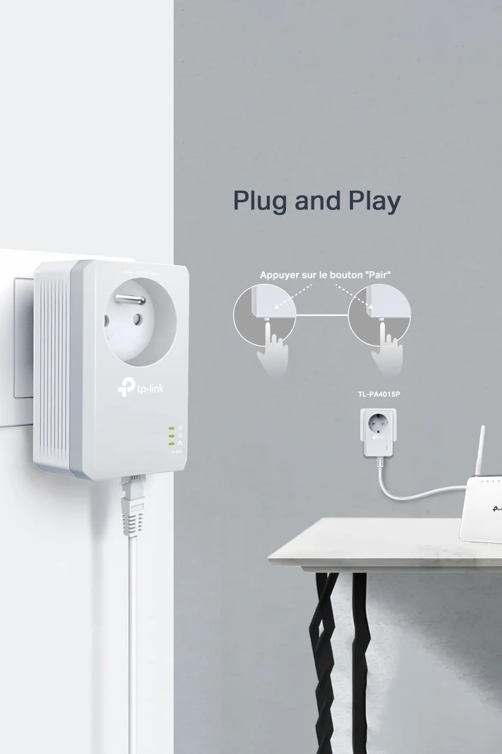 TP-Link Zestaw TL-PA4015P (FR) Gniazdo CPL 600Mbps, Homeplug AV2, Wbudowane Gniazdo Zasilania, Port Ethernet, Światłowód, OneMesh, Bez Nowych Przewodów