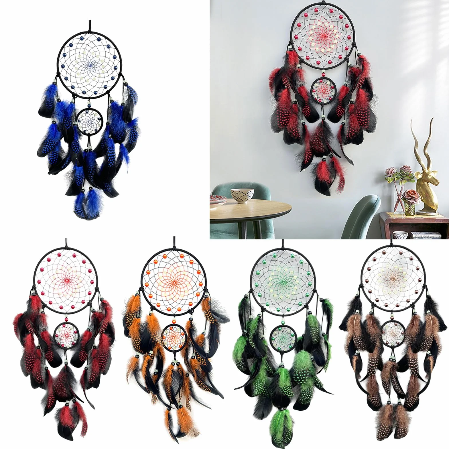 Attrape-rêves lumineux dans le noir Décoration murale avec pompons à plumes Carillon éolien chambre
