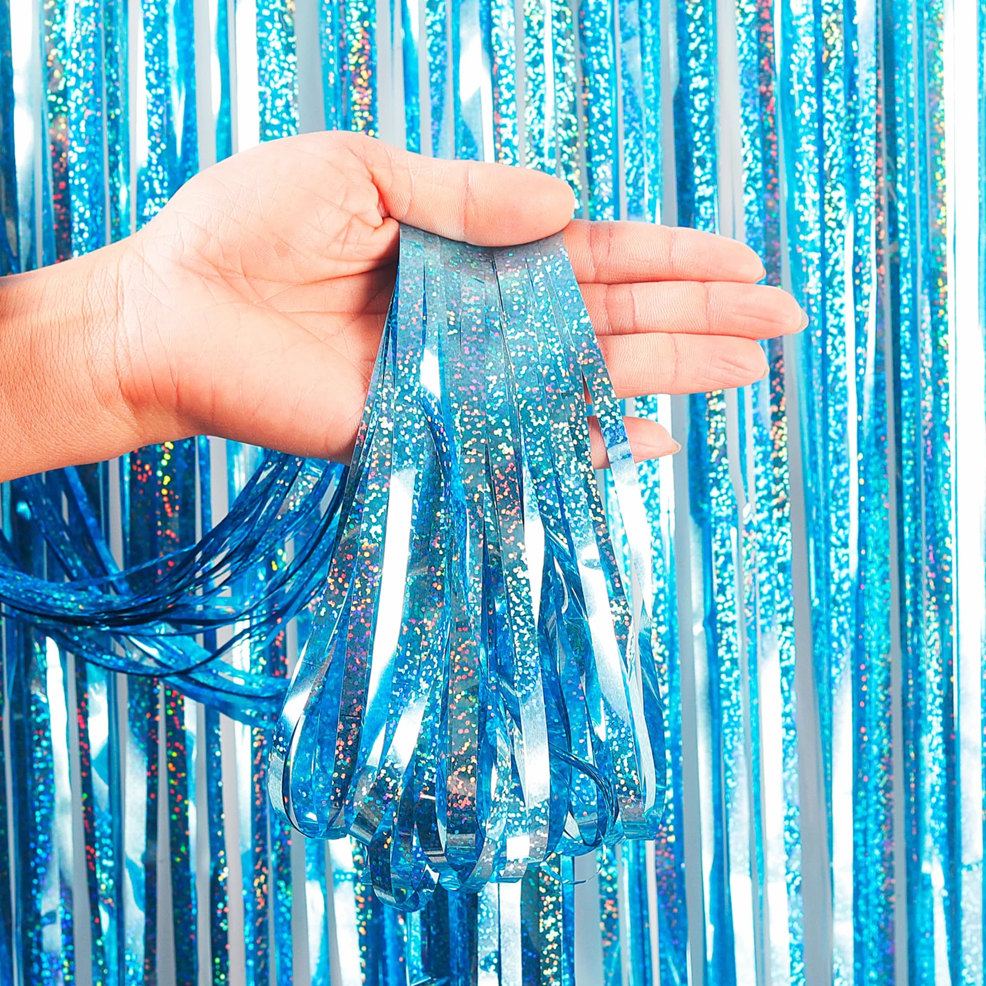 Lot de 2 rideaux à franges en feuille d'aluminium bleu pailleté pour fête, mariage, décoration de cérémonie