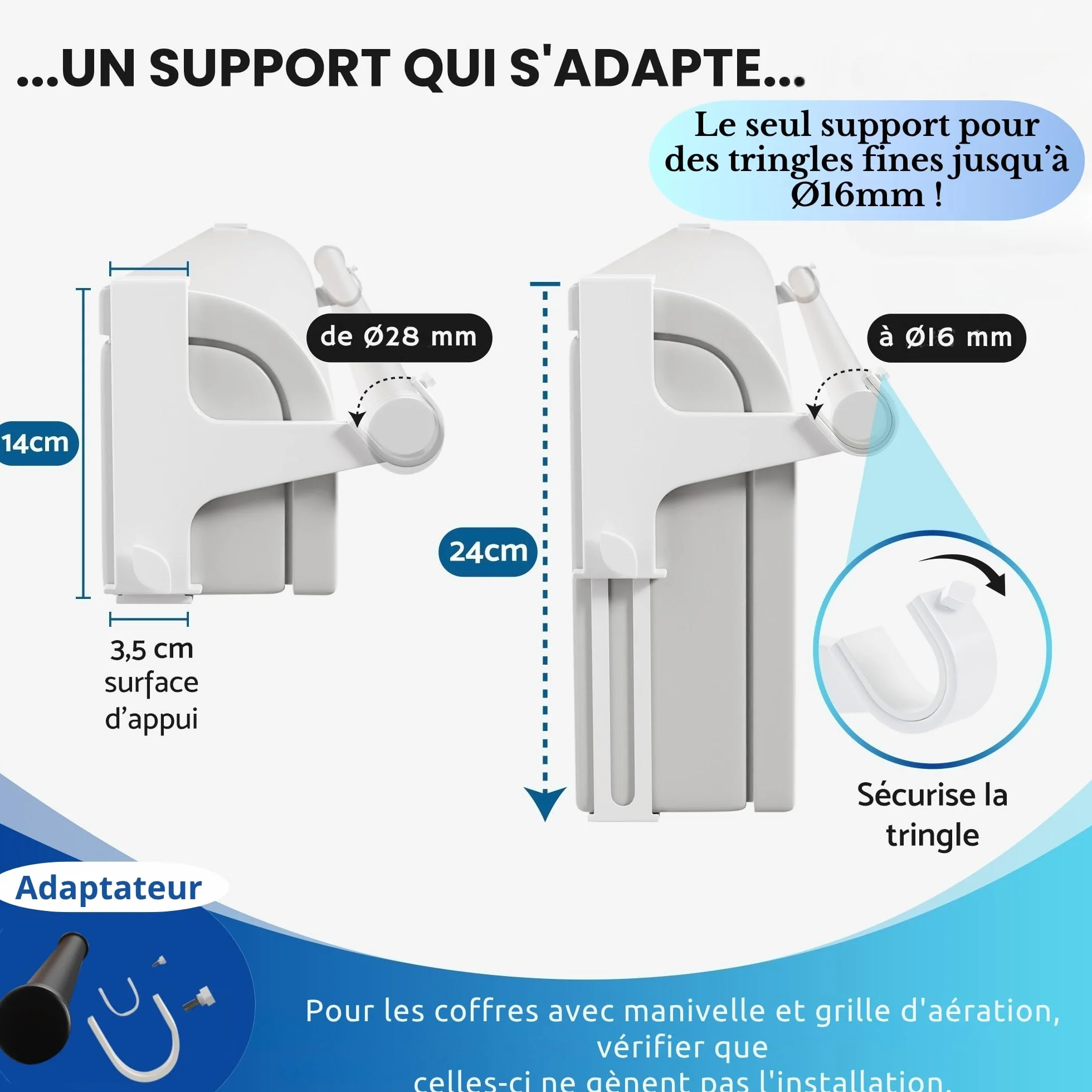 FODEX Ensemble de 2 Supports pour Tringle à Rideaux Sans Perçage, Métal, Ø16-28mm, Coffre Volet Roulant, Blanc