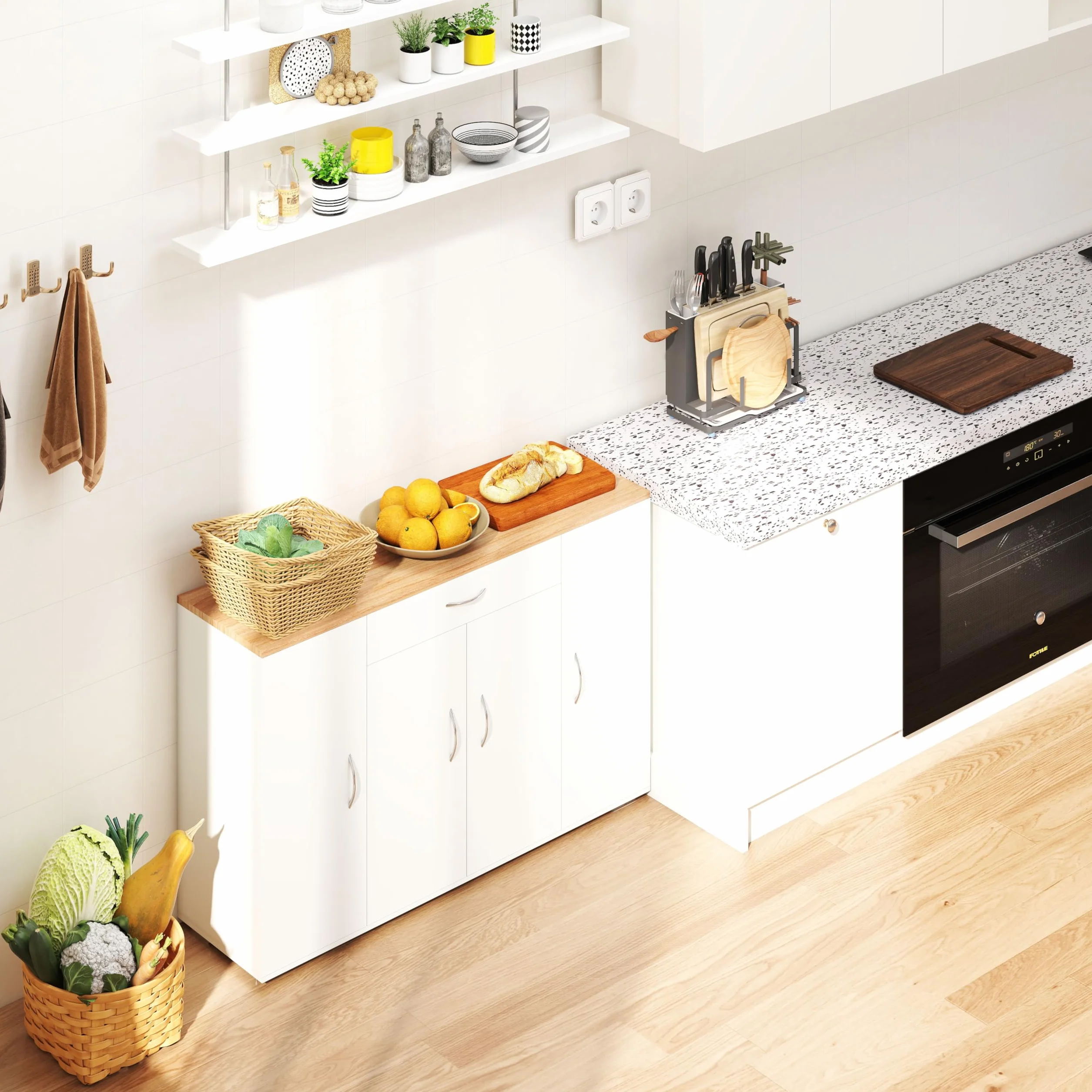 Meuble Cuisine Rangement Plan de Travail Cuisine Buffet Cuisine Blanc 110 x 30 x 70 cm avec Tiroir et 4 Portes Meuble Bas Cuisine Meuble Rangement Cuisine Salle à Manger Salon Armoire