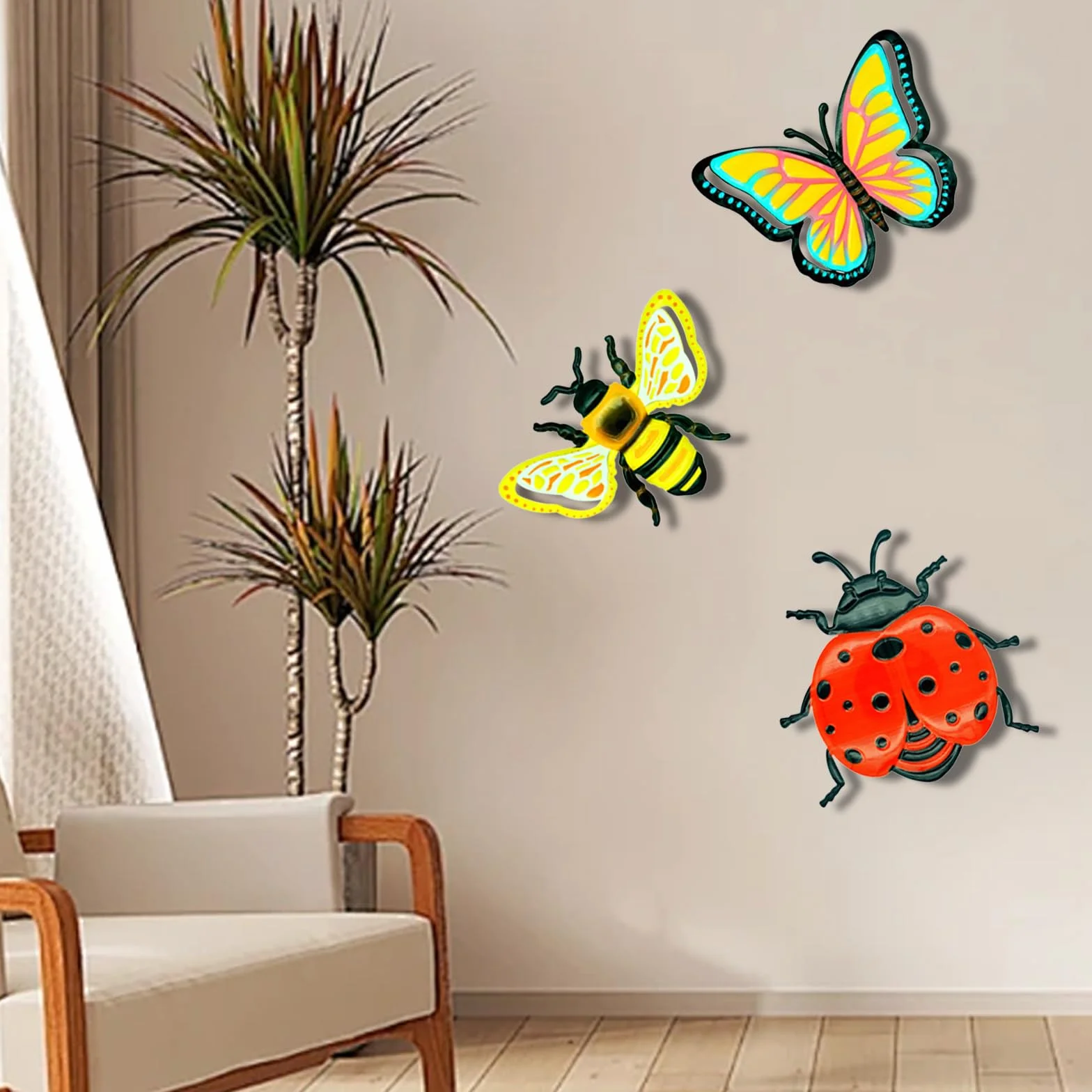 Décoration Murale Insecte Métal 3 Pièces Abeilles Papillons Coccinelles pour Jardin Extérieur
