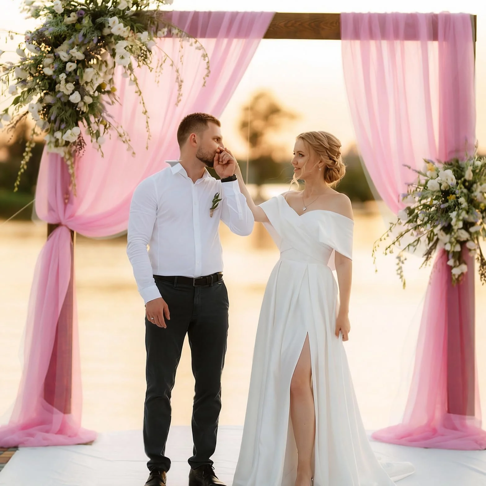Tenture Mariage 75 x 800 cm Voilage Rose Elégant Romantiques Rideau Tulle Décoration Cérémonie Toile Fond