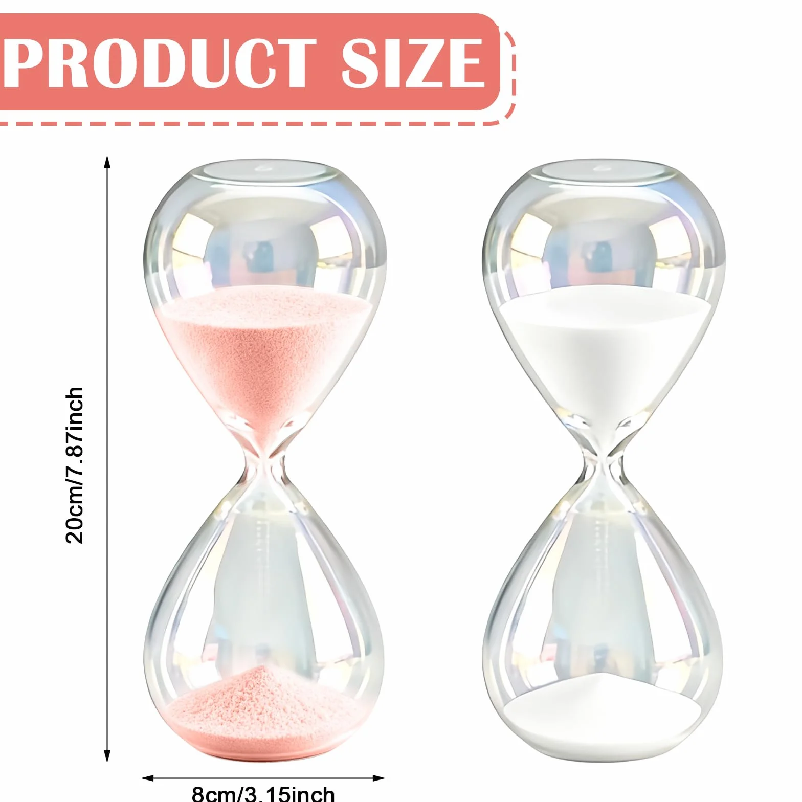 Sabliers de 30 minutes en verre et sable fin - Lot de 2 - Rose et blanc - 20 x 8 cm
