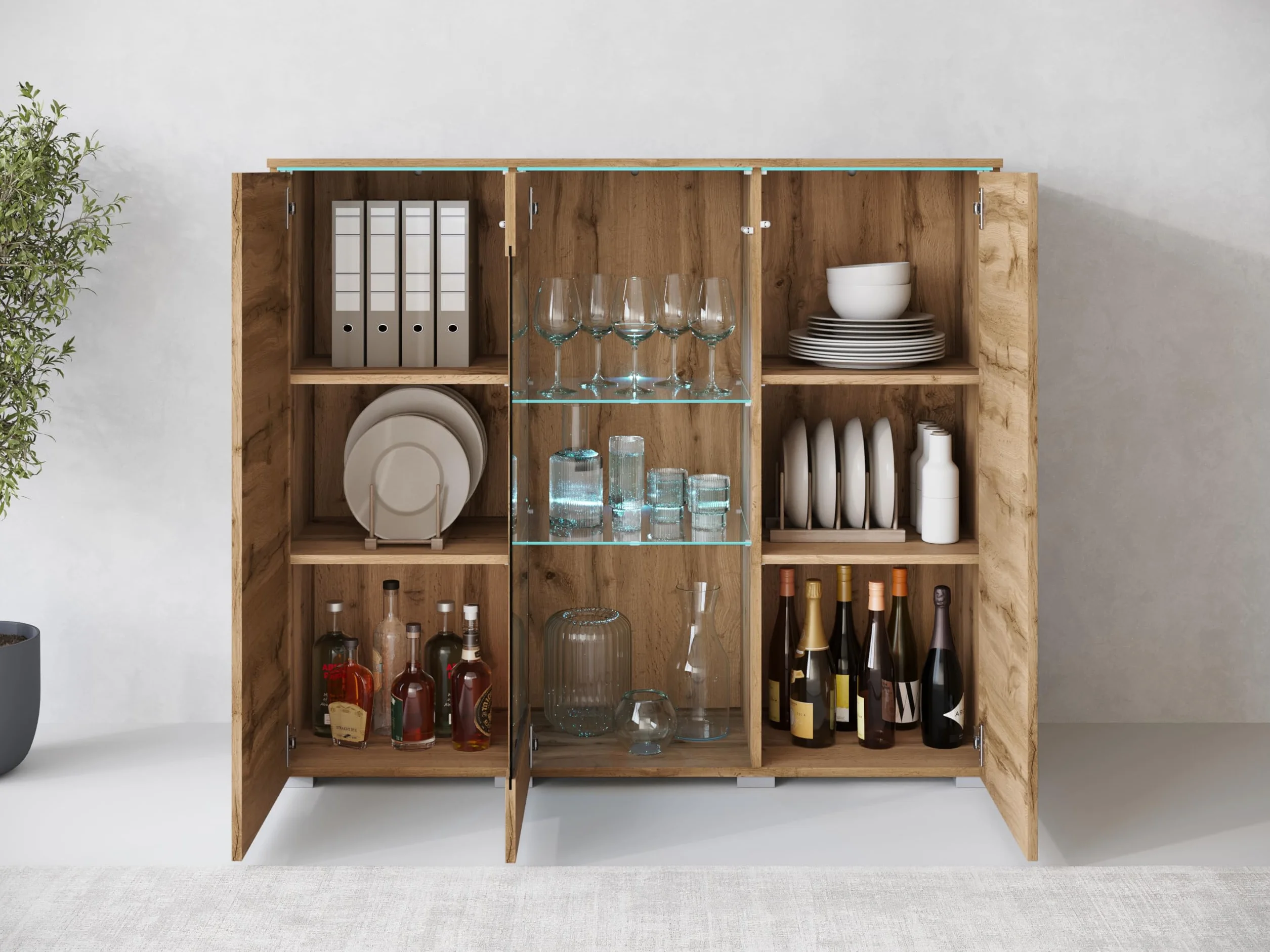 MINIO go for it - Buffet Salle a Manger Veve, Buffet Haut 120 cm Longueur, Meuble Vitrine Chêne Wotan - sans éclairage LED
