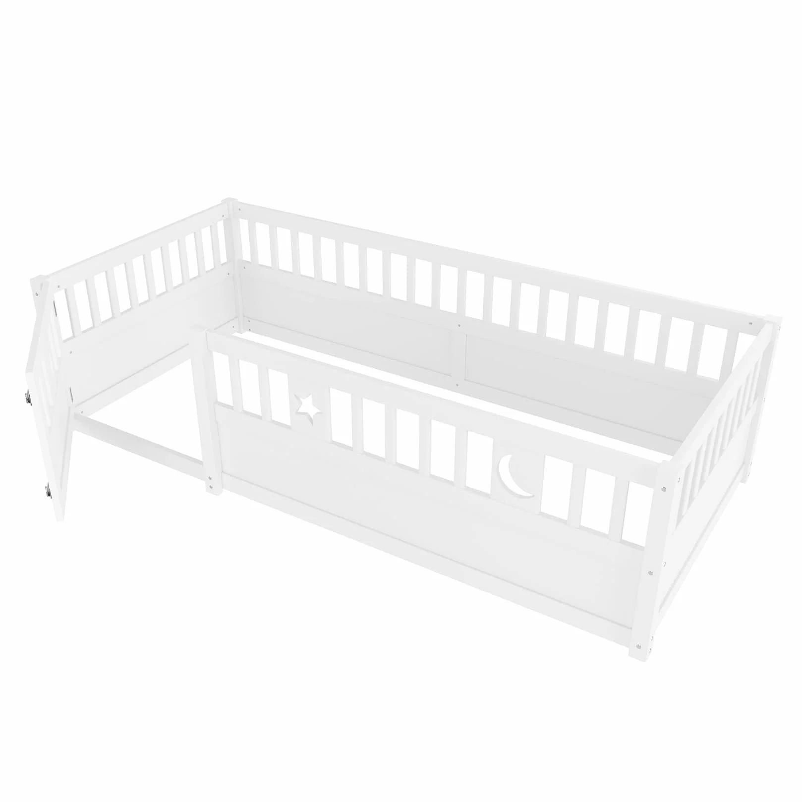 PUGSDRLY Lit Cabane Enfant 90x190cm avec Barriere et Serrure,Lit Montessori au Sol sans Sommier à Lattes,Cadre en Bois de Pin pour Enfant,Blanc,sans Matelas (90-A)
