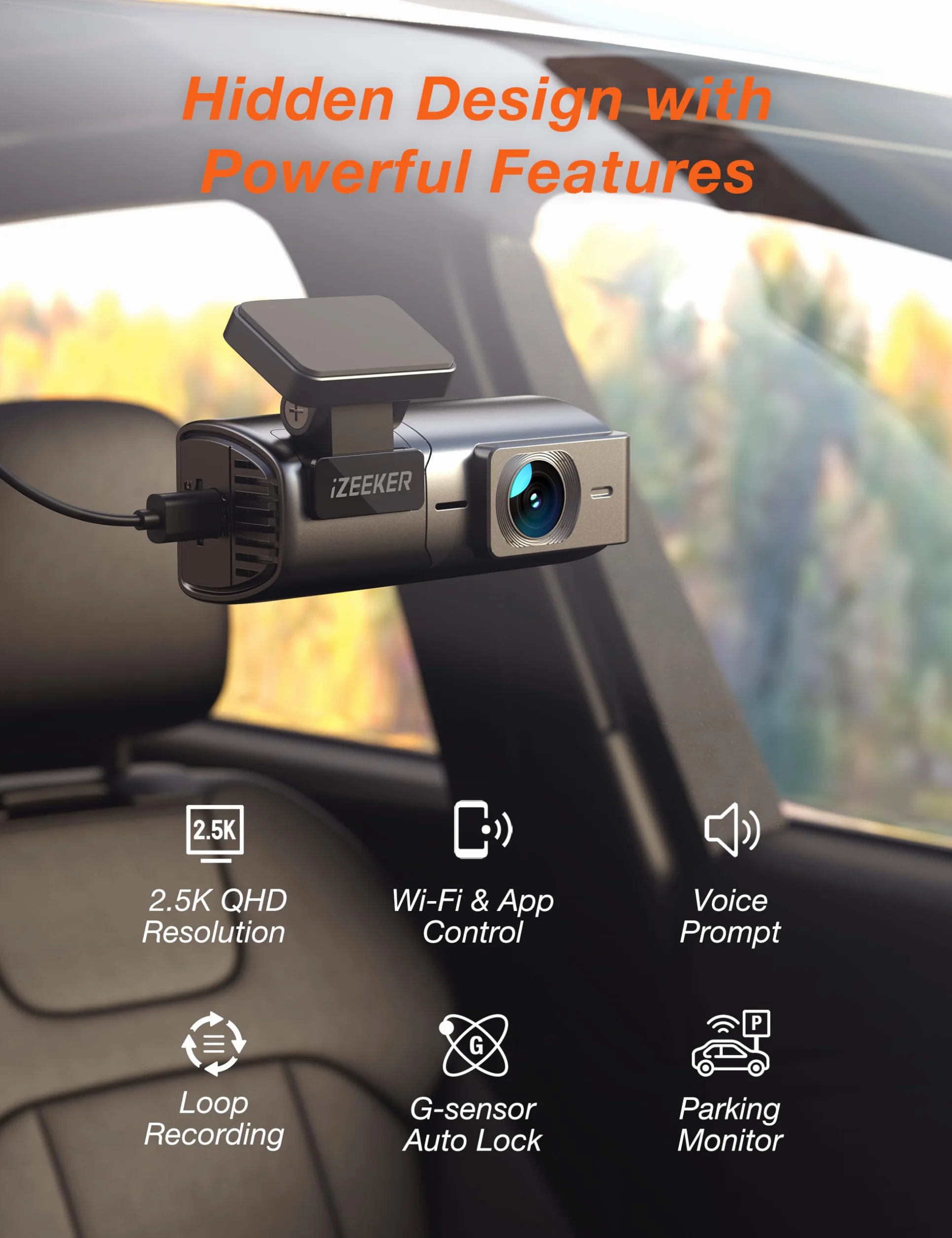 iZEEKER Kamera samochodowa 2,5K WiFi Dashcam, mini kamera samochodowa 1440P przednia kamera samochodowa z aplikacją, bezpłatna karta 32 GB, noktowizor, WDR, czujnik G, nagrywanie w pętli, obsługa
