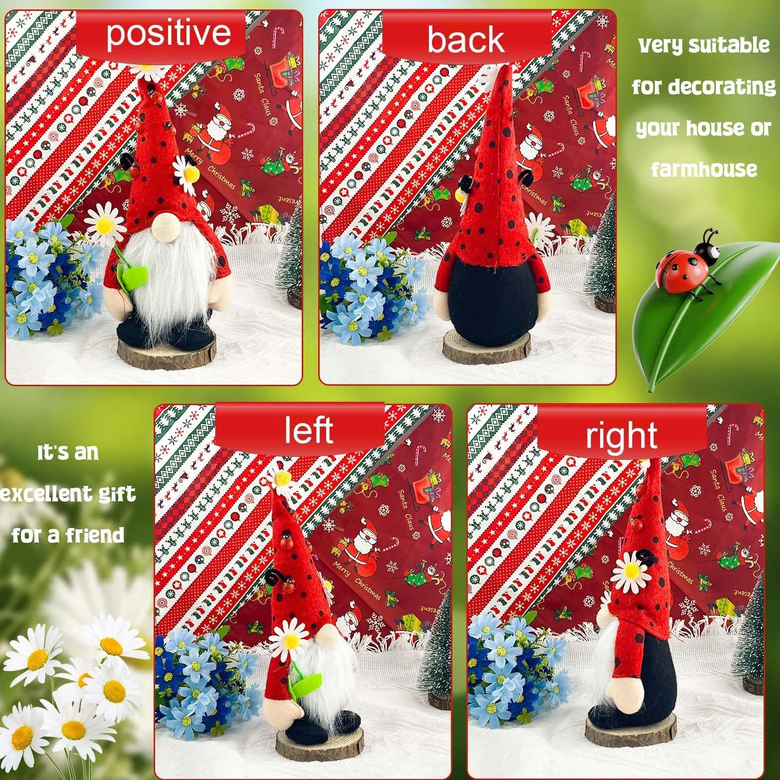 Lutin de Printemps Nain de Coccinelle Décoration Printemps Poupée Naine en Peluche sans Visage Faite à la Main