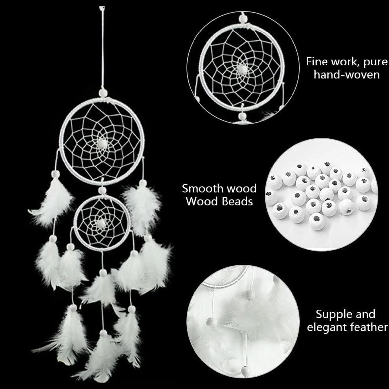 Attrape Rêve Grand Plumes 2 Cercles Tenture Murale Décoration Chambre Blanche