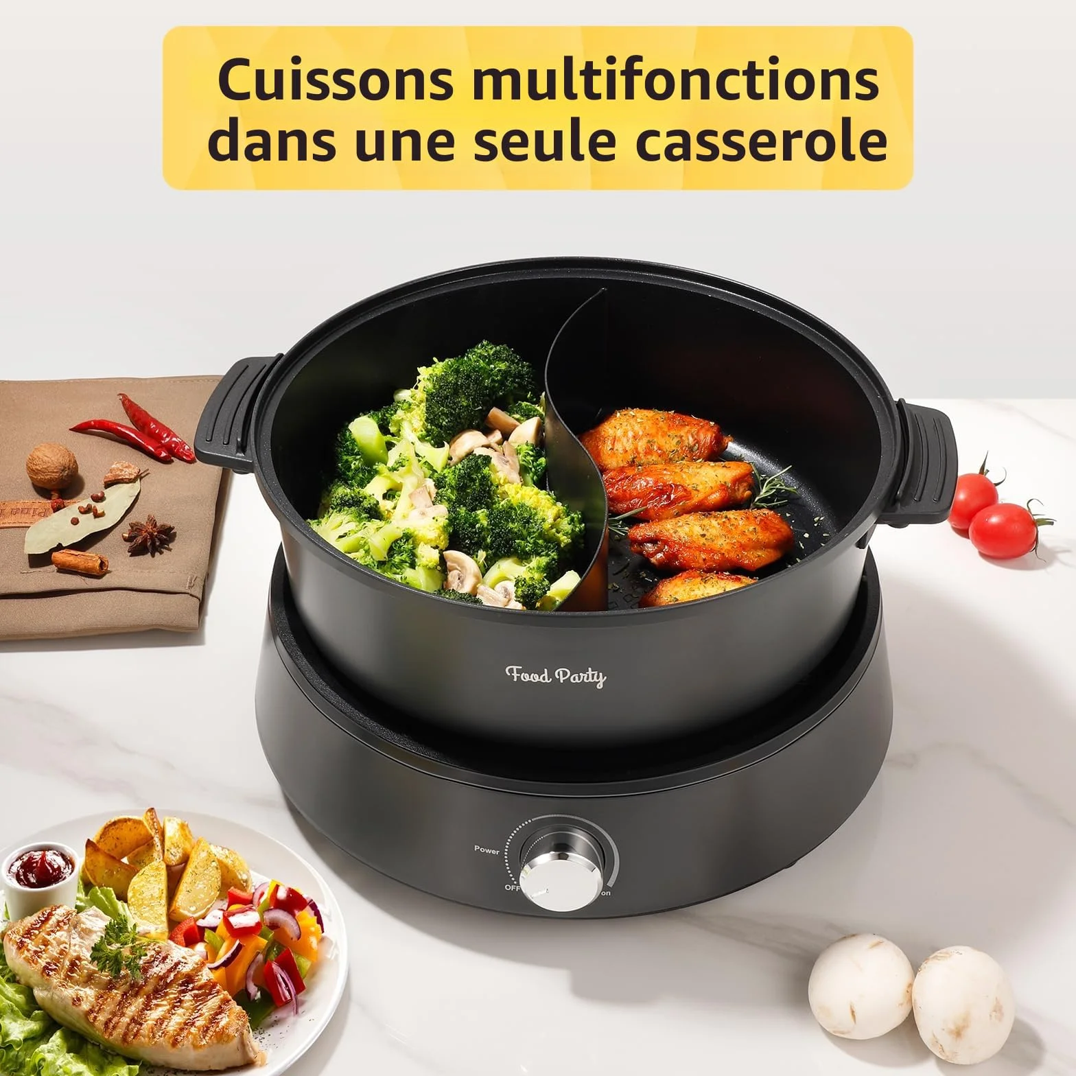 Food Party Hot Pot Electrique Appareil Fondue Chinoise 4L 220V 1350W Shabu SHabu Hotpot avec Diviseur Wok Electrique