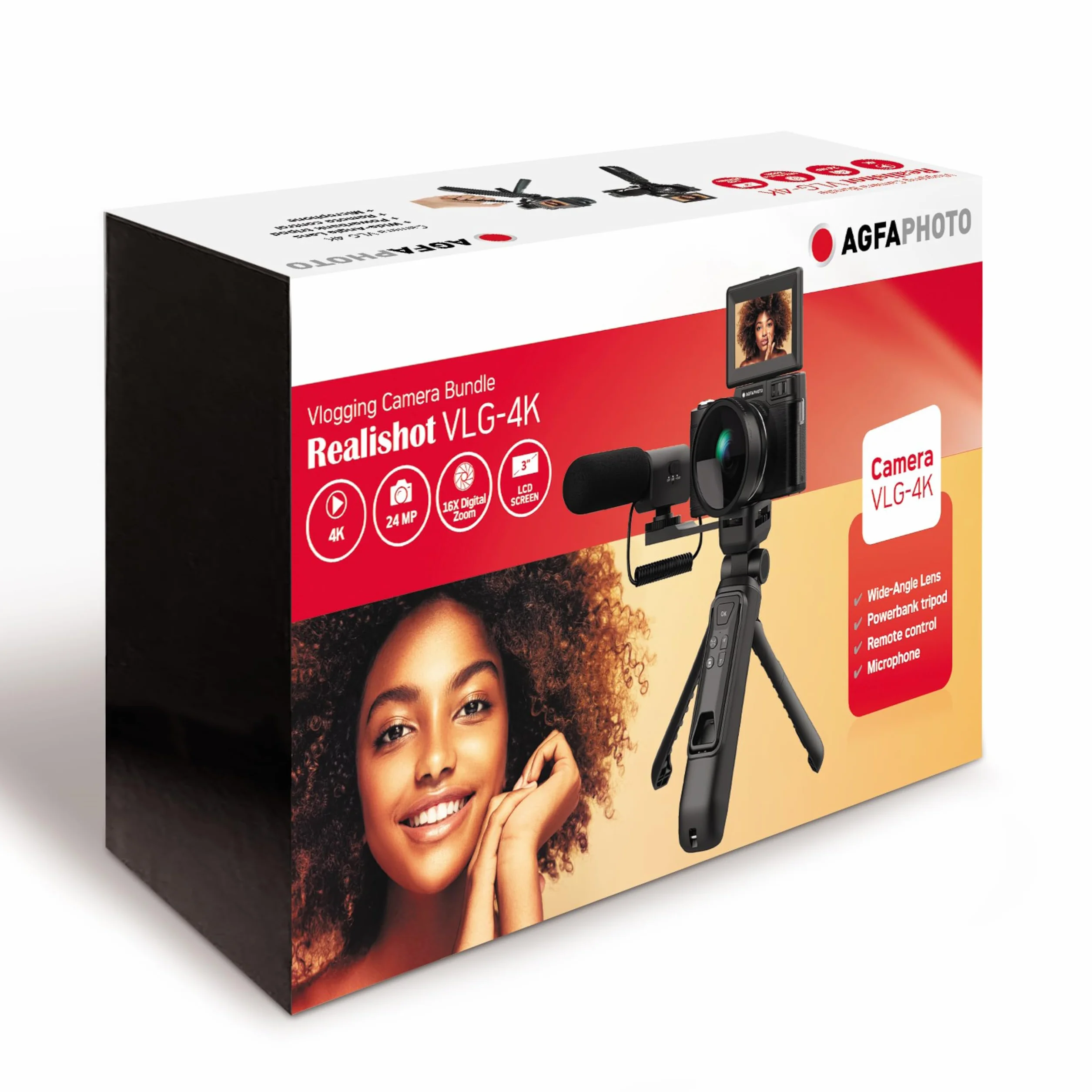 AgfaPhoto Realishot VLG-4K Zestaw Vlogging - kamera 24 MP, wideo 4K, 3-calowy ekran LCD, 16-krotny zoom cyfrowy, czujnik CMOS, bateria litowa - czarny