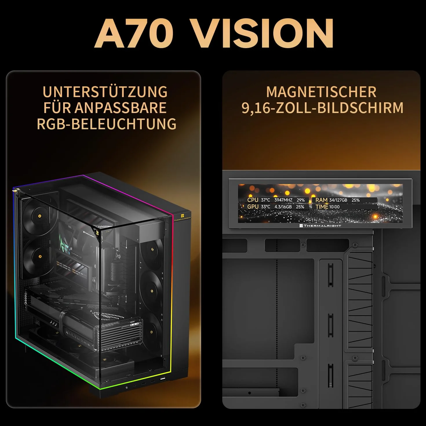 Thermalright TR A70 Vision ATX obudowa gamingowa, 8 gniazd wentylatorów CPU, szybkie zapięcie do pionowego montażu karty graficznej z zabezpieczeniem przed zwisaniem, w zestawie wyświetlacz LCD 9,16