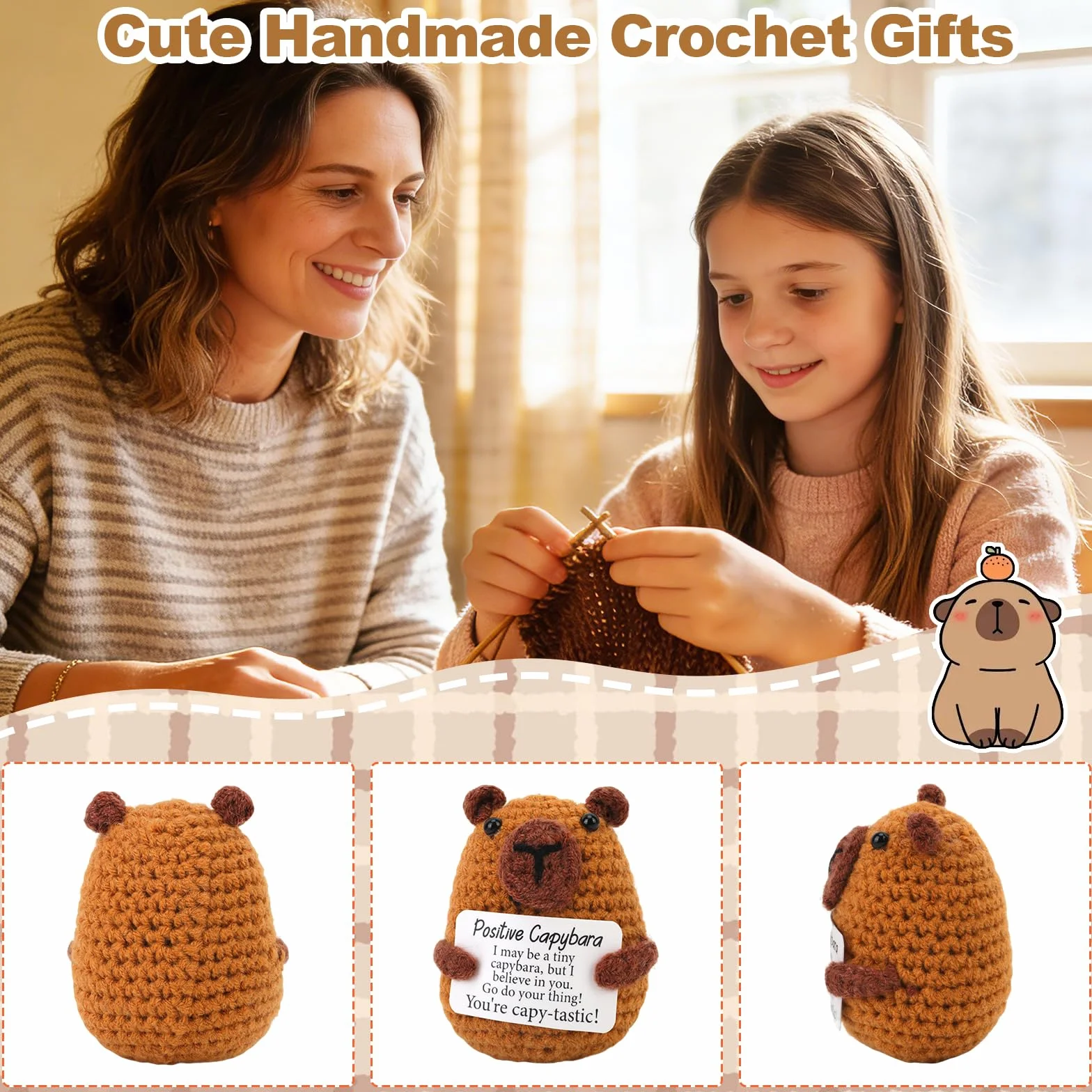 Peluche Capybara Tricoté avec Carte Motivante, Cadeau Rigolo Anniversaire pour Famille, Amis