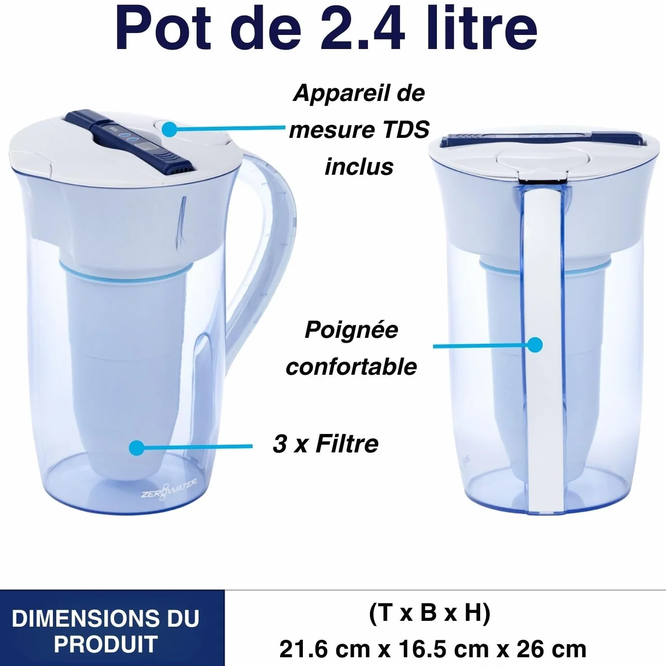 ZeroWater Pack Carafe filtrante d'eau Ronde 2,4 L avec 3 Cartouches de filtre à eau de rechange et Indicateur de qualité d'eau, sans BPA et certifié pour réduire Le Plomb et Les Autres métaux Lourds