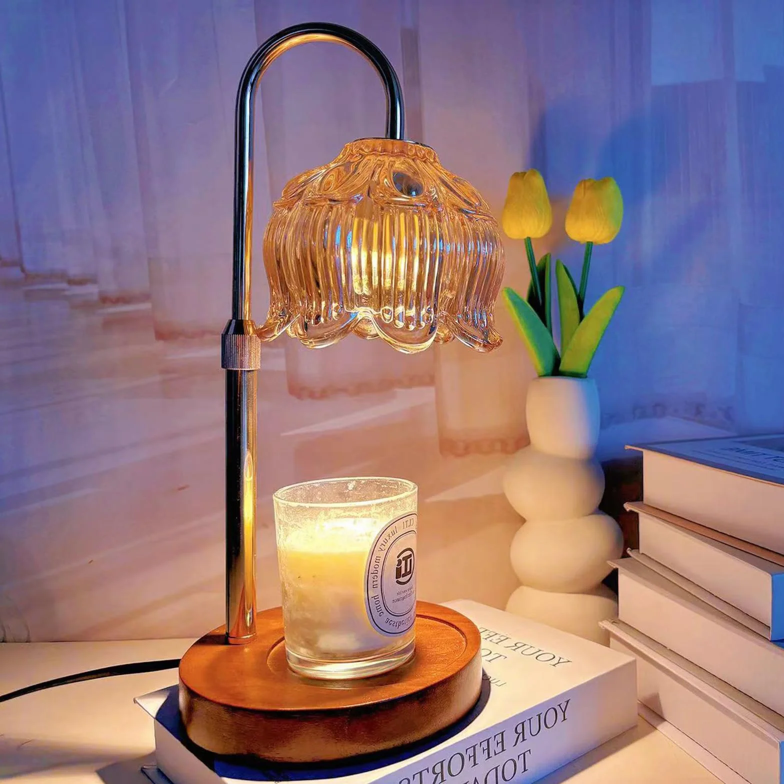 Lampe Chauffante à Bougie, Fleurie Dimmable avec Minuterie, Hauteur Réglable, Sans Flamme et Décorative pour Bougies en Bocal
